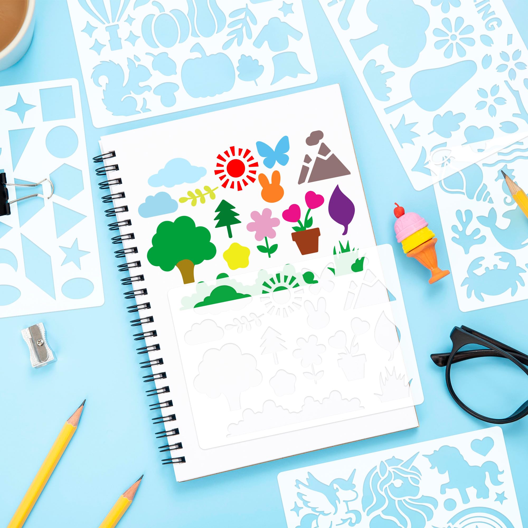 40 plantillas para niños, plantillas para pintar, manualidades, reutilizables, lavables, plantilla de forma primaria para álbumes de recortes de papel, dibujo