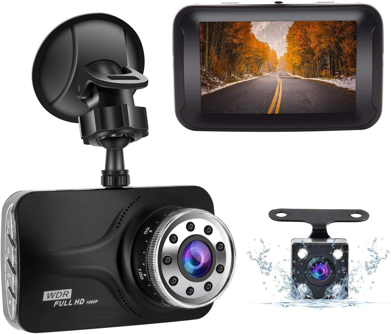 Dual Dash cam 1080P Full HD Front and Rear Camera for Cars, Driving Recorder with IR Sensor,170 Degree Wide Angle, 3 inch LCD Screen G-Sensor, WDR, Night Vision, Loop Recording WDR, Motion Detection