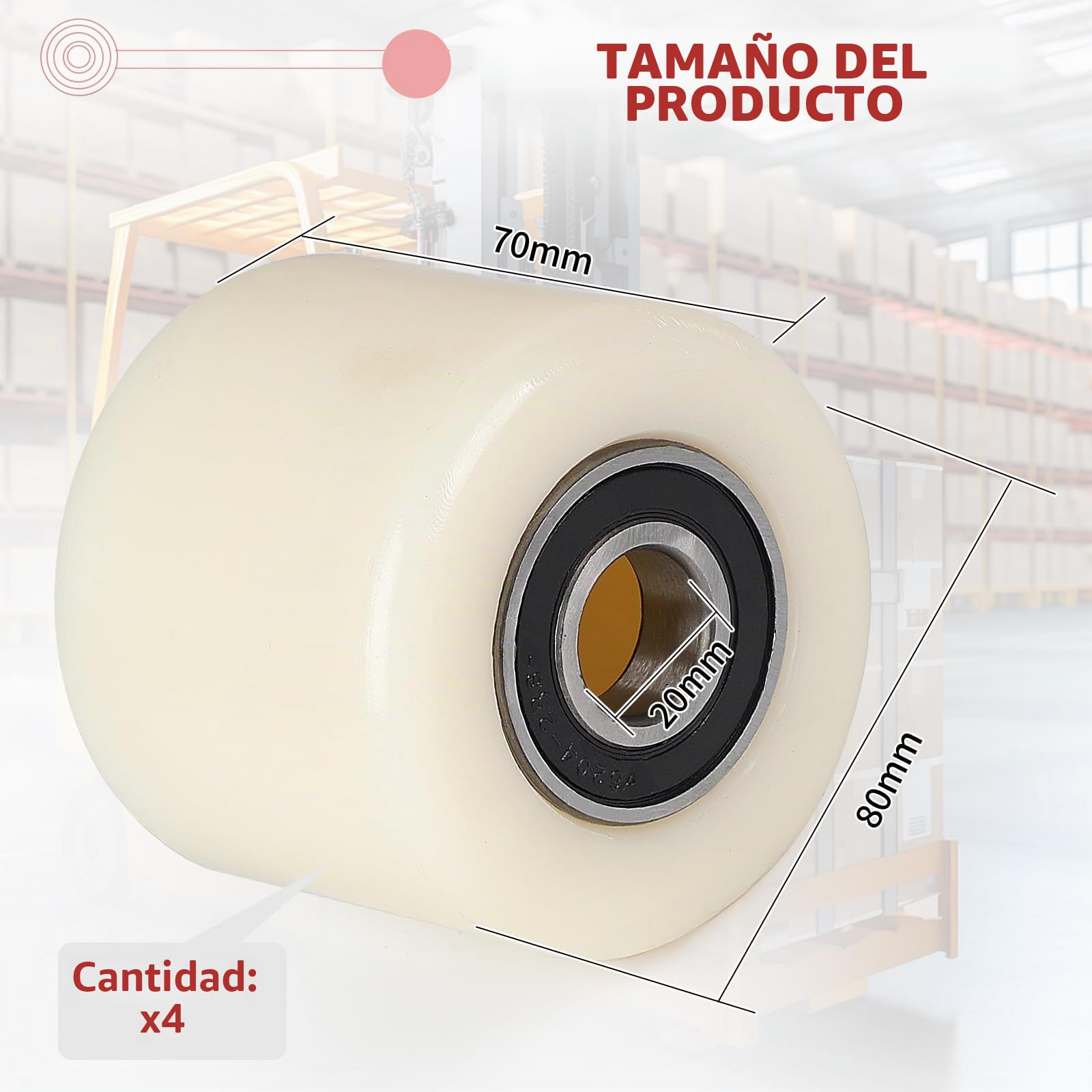 SWAWIS 4 Ruedas para Montacargas de Nylon 80x70 mm con Eje 20 mm y Rodamientos Soporte 500 kg Kit de Reemplazo para Carretillas Elevadoras