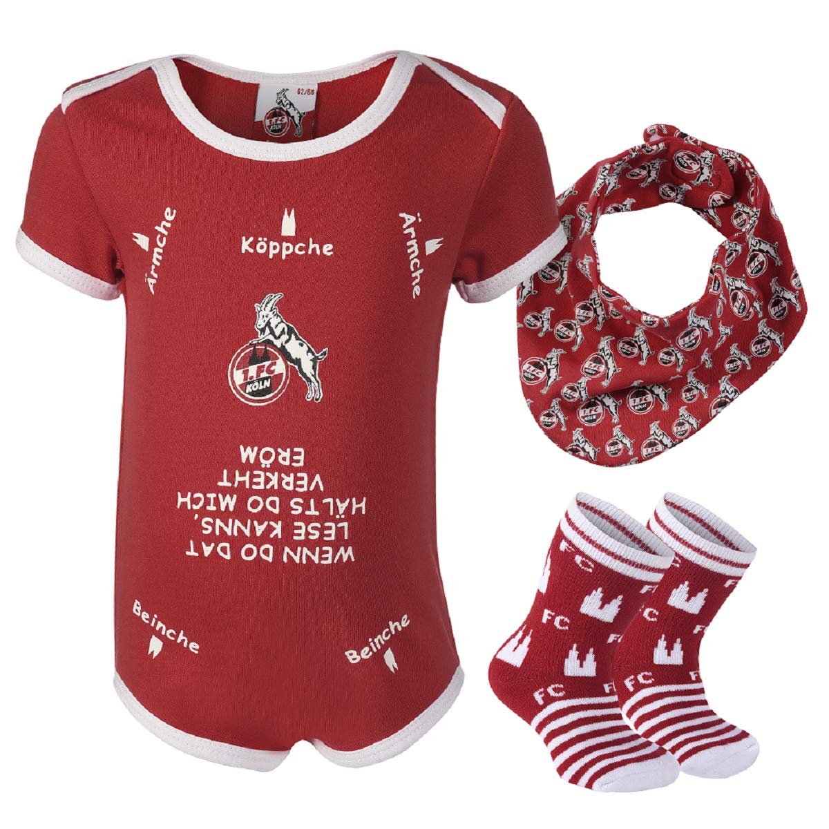 1. FC Köln Baby Geschenkbox (Body, Söckchen, Halstuch) - Plus gratis Aufkleber Forever Köln (50/56)
