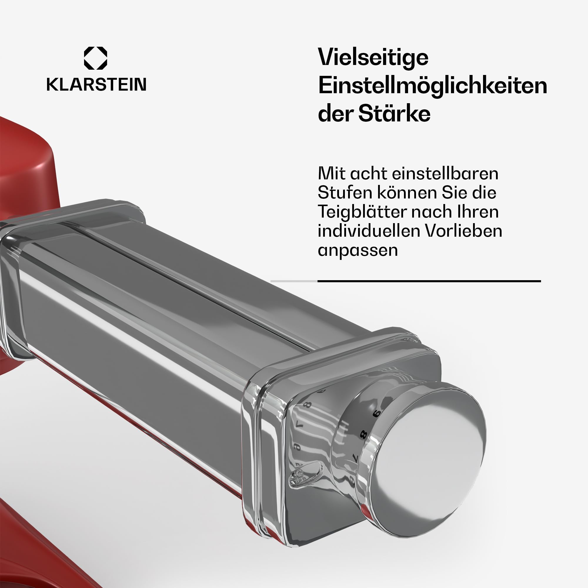Klarstein Chiara Küchenmaschine Nudelaufsatz 3-in-1 Pasta-Zubehör Edelstahl Spülmaschinenfest 8 Stufen Fettuccine Spaghetti-Schneider