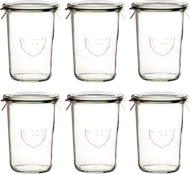 Weck 6 x słoik 850 ml (3/4 l) z gumowym pierścieniem i 2 klamerkami