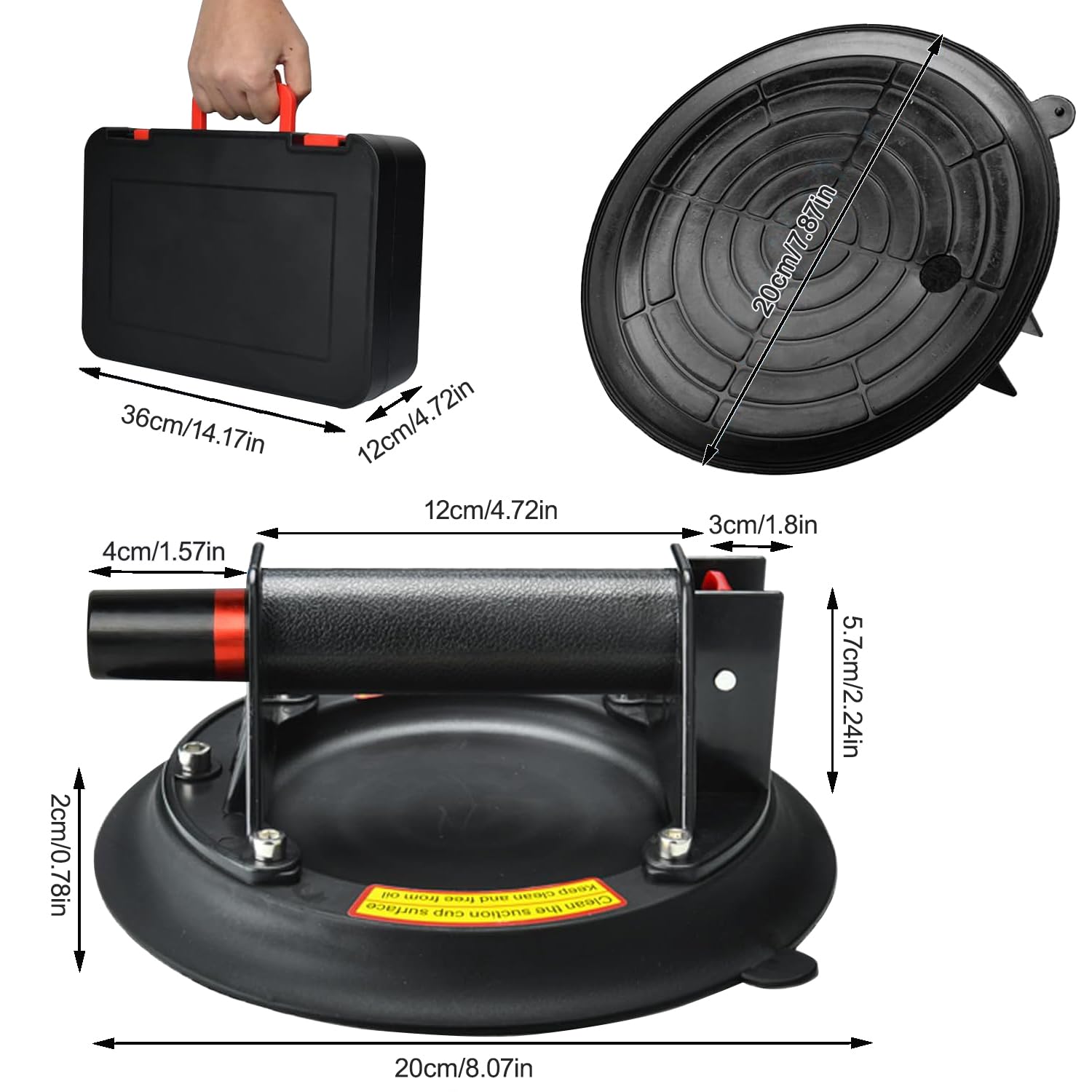2 Ventouses Levage 20cm - Charge Max 200kg - Pour Verre, Carrelage, Marbre - Sécurité Ligne Rouge - Boîte Rangement Incluse