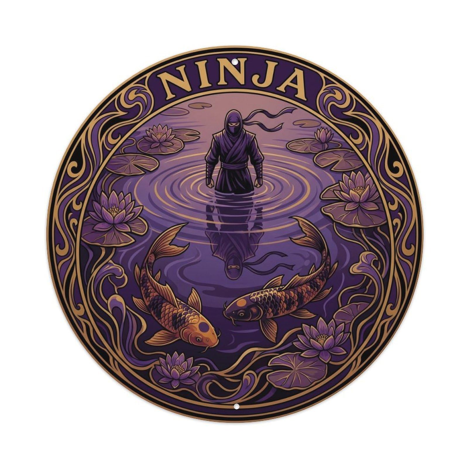 Olyhtr 8X8inch Classic Style Ninja Koi Pond Reflection Nouveau Purple Gold Metal Tin Sign