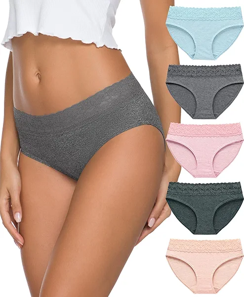 AYMEFF Women’s Cotton Underwear 5-Pack - Breathable Lace Bikini Panties, Full Coverage Ladies Underwear Soft Combed Cotton
