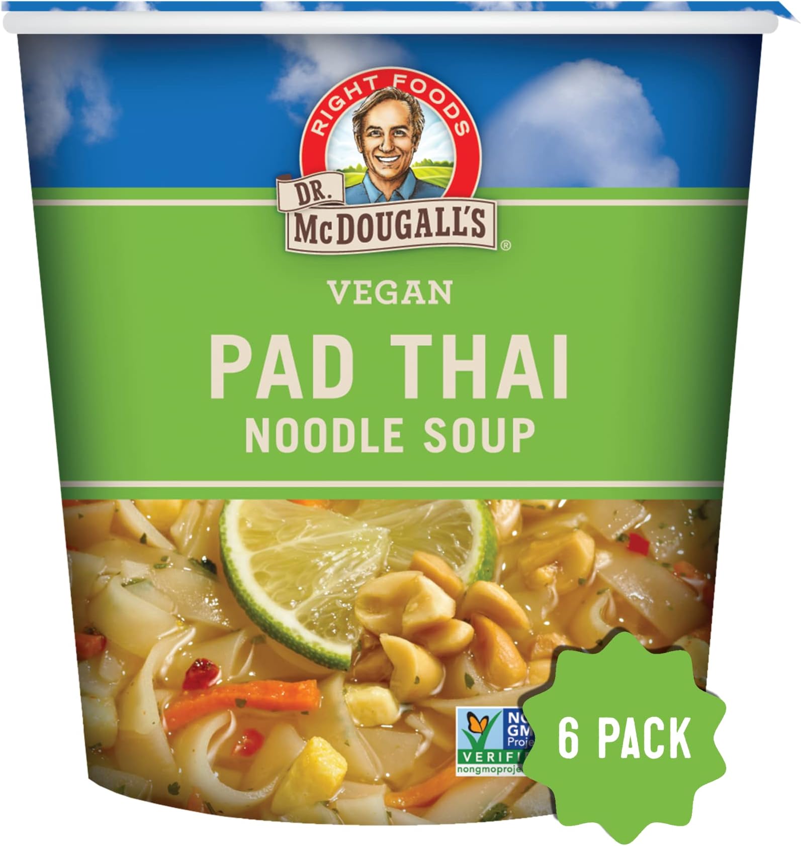 Dr. McDougall's Pad Thai Noodles - Gluten Free and Vegan Ramen Noodles - Instant Ramen Noodle Cups - Vegetarian Ramen Cup - Noodle Bowls - 2 oz. - Pack of 6