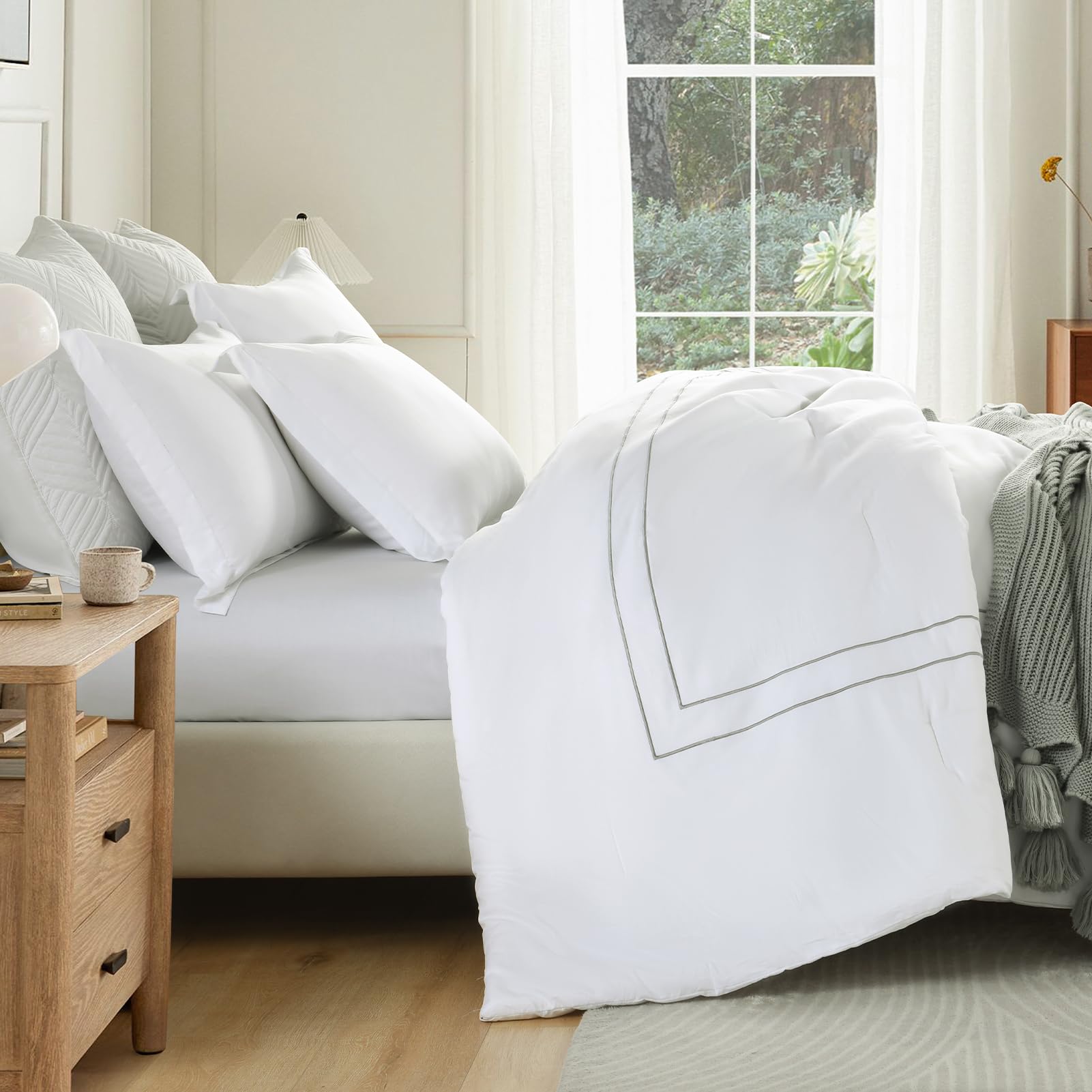 Finlonte King Comforter Set, Cotton Fluffy King Size Comforter, Modern Hotel Bedding Set, Stitched Embroidery Quilted Bed Set, Soft Breathable All