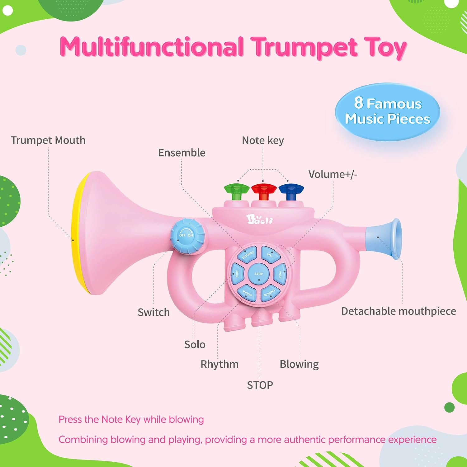 Generic Toddler Musical Trumpet Toy for Kids - 2026 Upgraded Musical Enlightenment Instrument Toy, Develops Musicality, for Boys Girls Ages 3 4 5 6 7 8, Pink