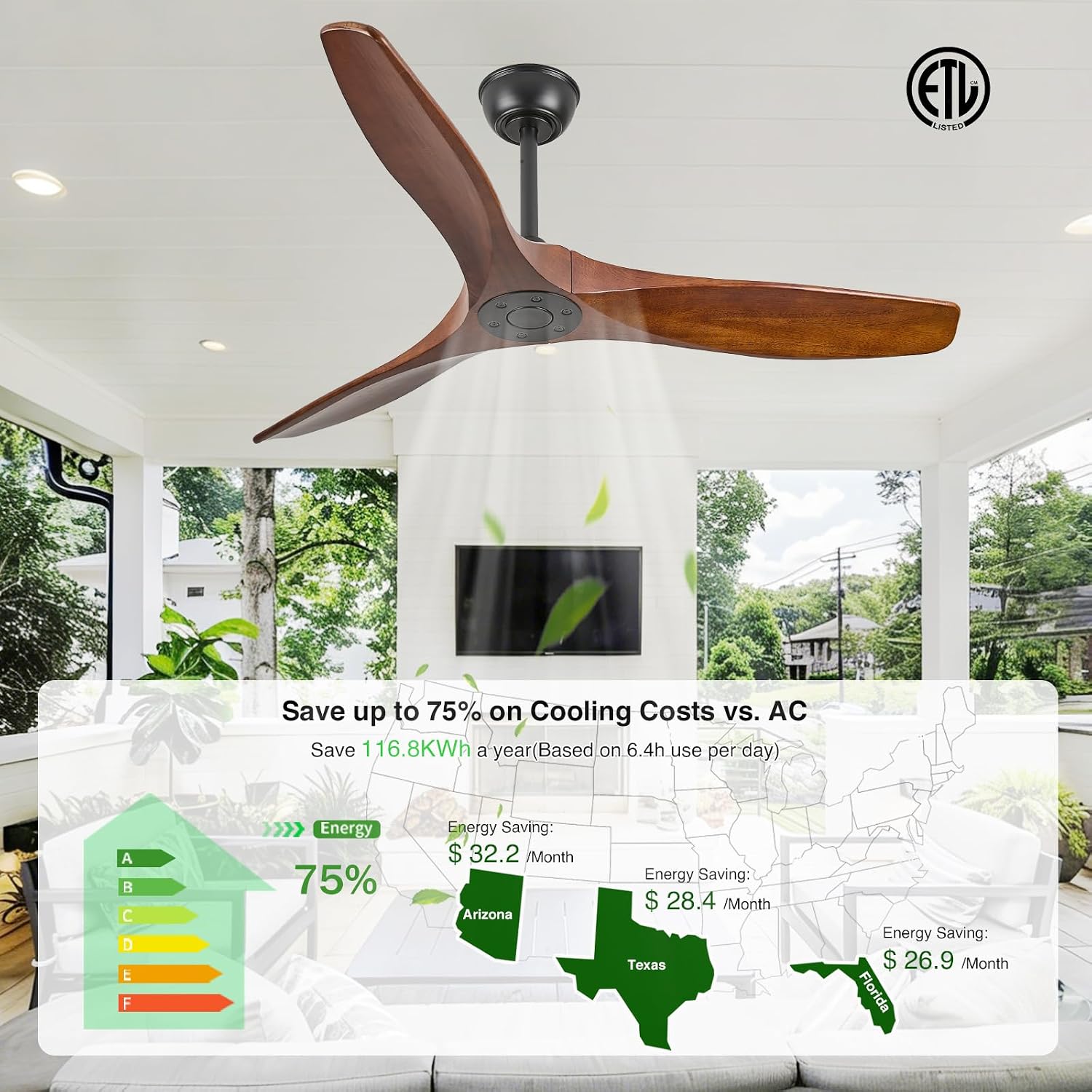 52 Inch Ceiling Fan No Light Outdoor Wood Ceiling Fans with Remote Control,Flush Mount,3 Blades Reversible Quiet DC Motor Modern Ceiling Fan Without Light for Patios Farmhouse Bedroom Indoor