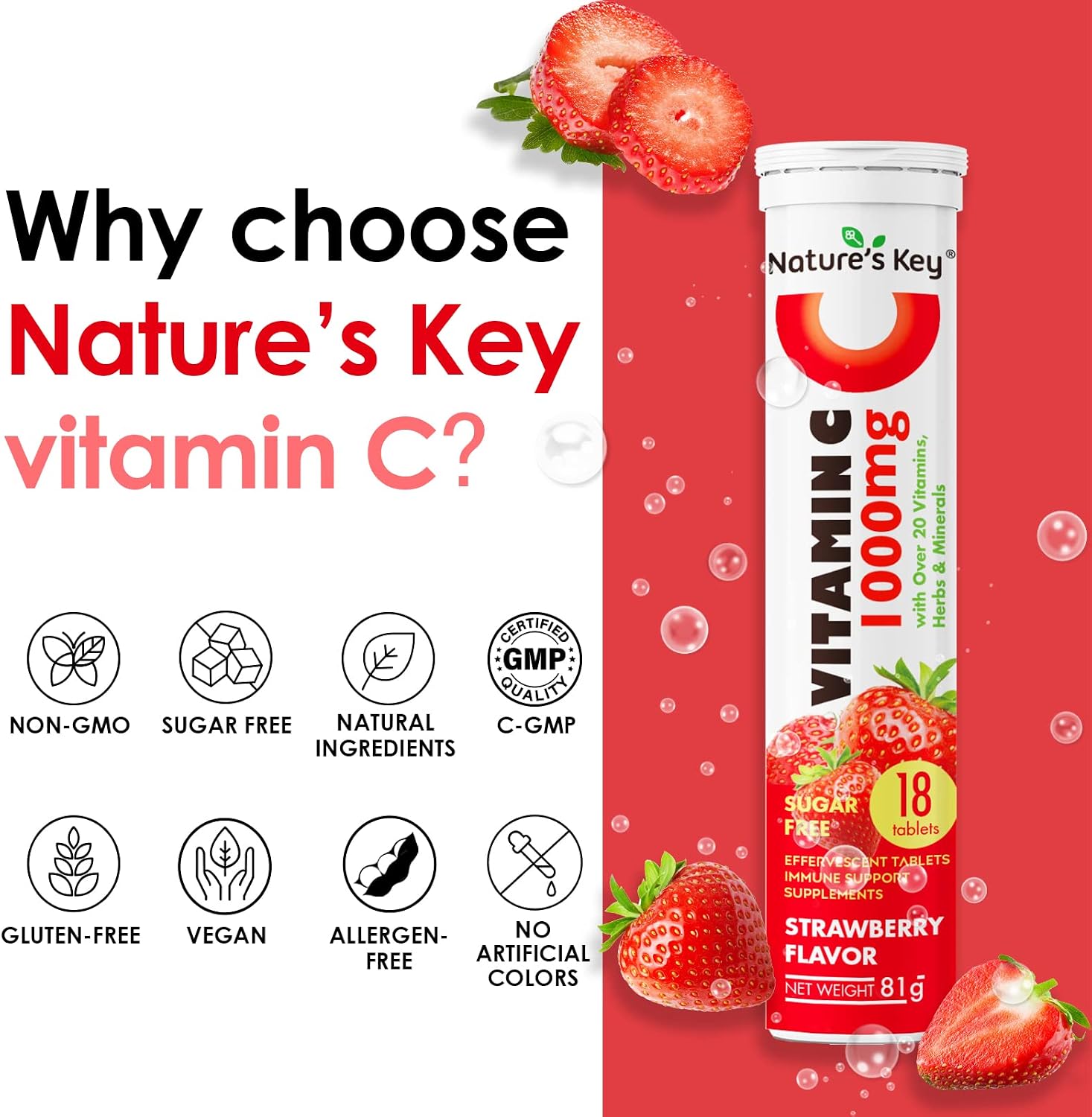 Nature's Key Vitamin C 1000mg with Over 20 Vitamins, Herbs & Minerals Immune Support Effervescent Tablets, Blast of Vitamin A, C, E, Zinc, Selenium, Echinacea & Ginger,(Strawberry