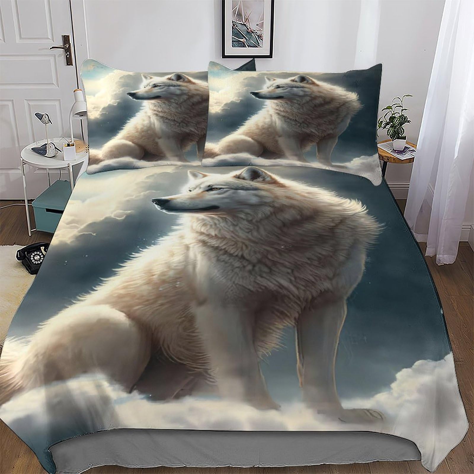 Housse de couette loup 220x240 cm anti-glisse avec fermeture éclair pour lit King size