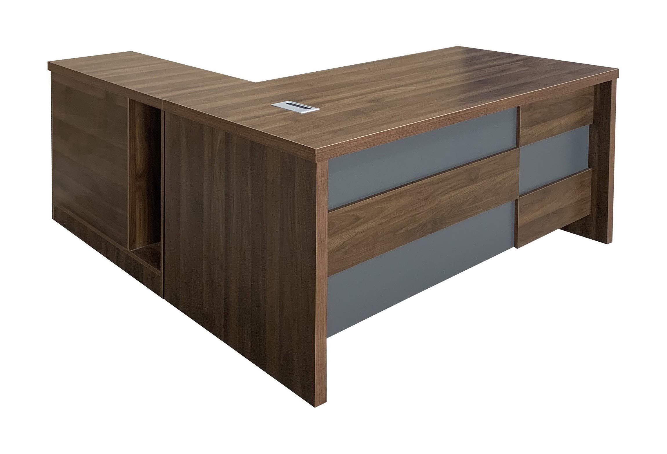 Mahmayi Noce S608 Modern L-Shaped Executive Office Desk with Mobile Drawers and Cabinet - Spacious Workstation with Grommet for Enhanced Productivity and Style (Dark Walnut) (180cm)