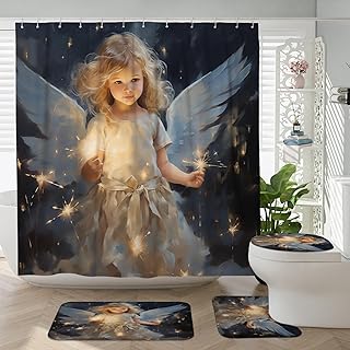 4PCS Cute Little Angel Shower Curtain Sets with Non-Slip Rug, U Shape and Toilet Lid Cover Mat, Angel Feather Wings Goddess Home Bathroom Accessory Sets Decor with 12 Hooks, 72 x 72 Inch