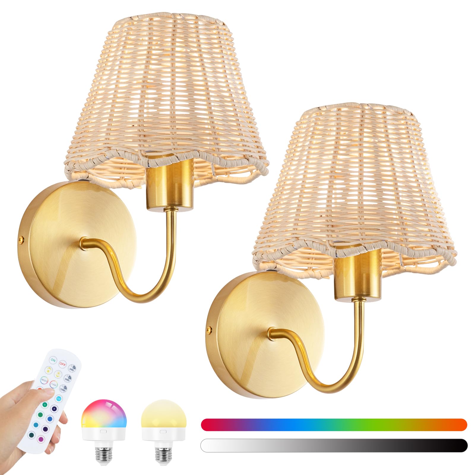 Photo 1 of EIDISUNY Battery Operated Wall Sconces Set of 2, Rattan Shade Wireless Wall Sconces, RGB Rechargeable Dimmable, Gold Vintage Boho Wall Sconce for Bedroom, Living Room, Hallway Bulbs Included