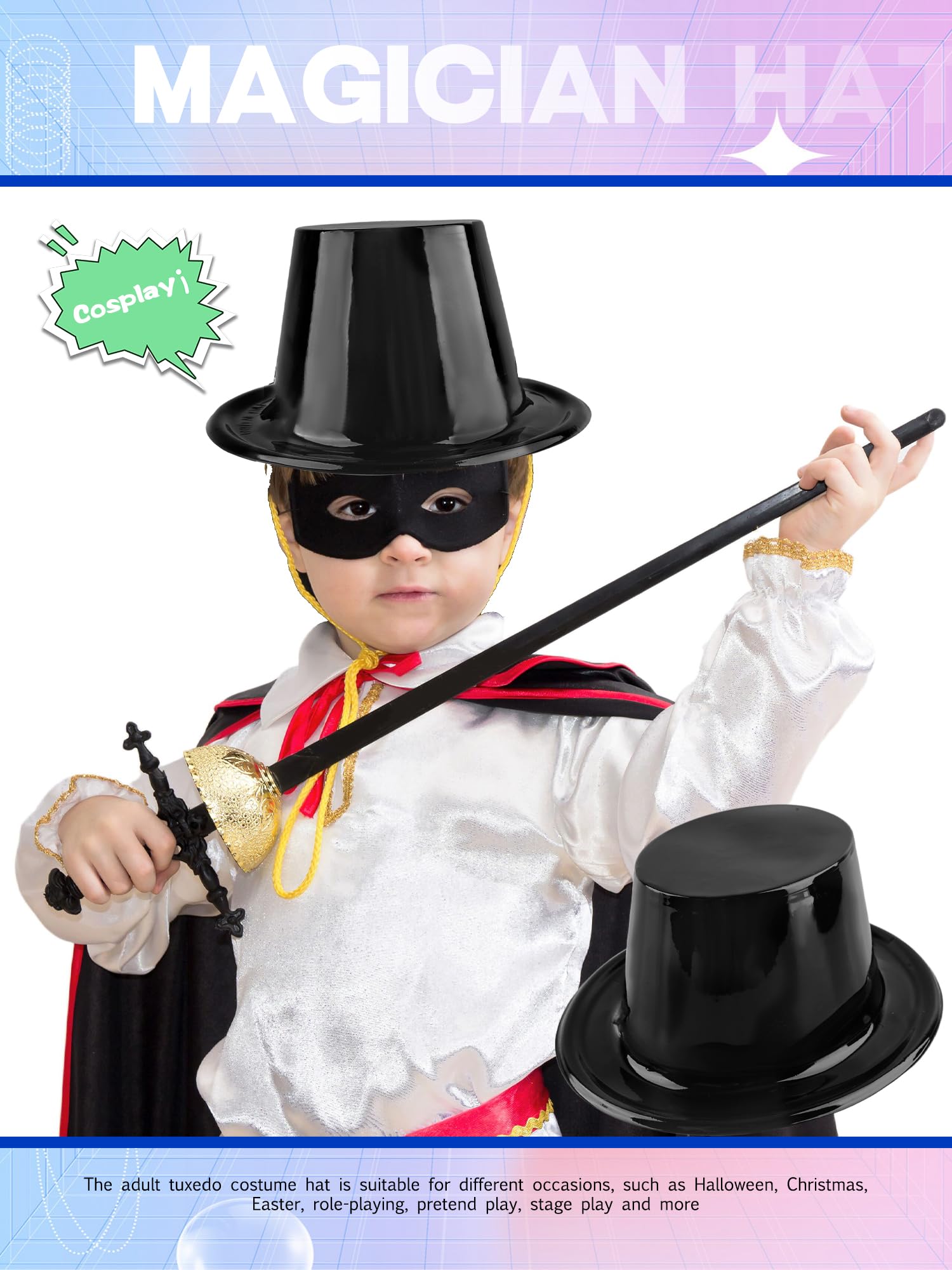 20 cappelli a cilindro in plastica per bambini, per travestimento da smoking, cappello nero da mago, per cosplay, spettacoli teatrali
