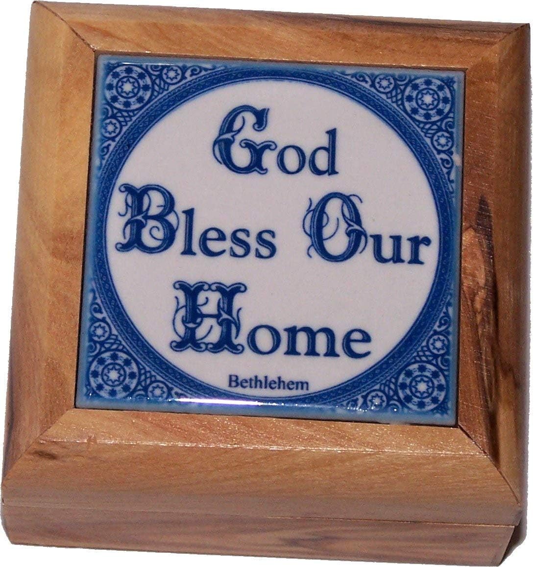 Holy Land Market First Communion Box - Rosary Box - Bethlehem Olive Wood (Ceramic - God Bless Our Home)