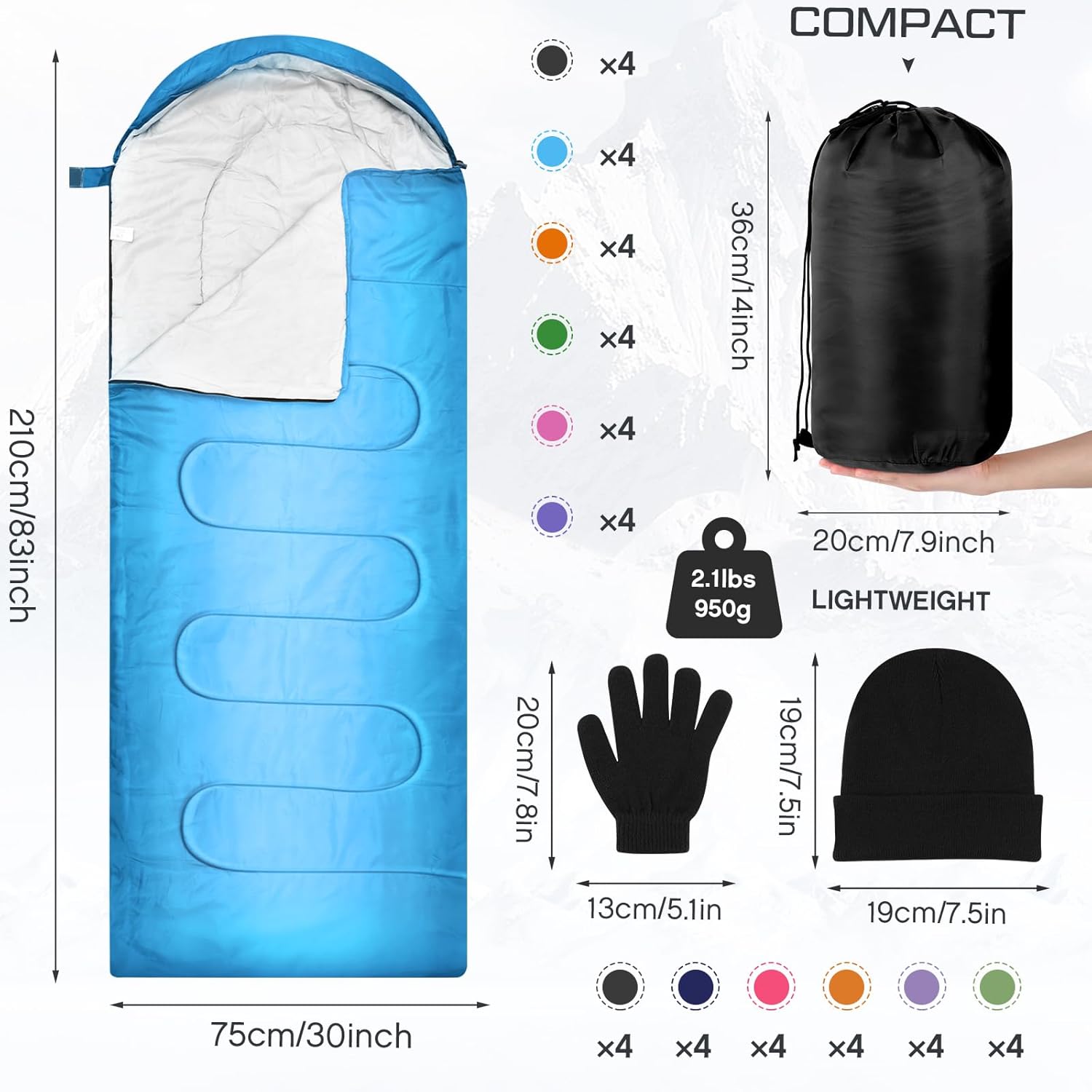 Preboun 72 Pcs Bulk Sleeping Bags Set for Adults Homeless 24 Sleep Bag 24 Beanies 24 Gloves 4 Season Cold Warm Weather Sleeping Bags Waterproof Lightweight for Outdoor Hiking Travel