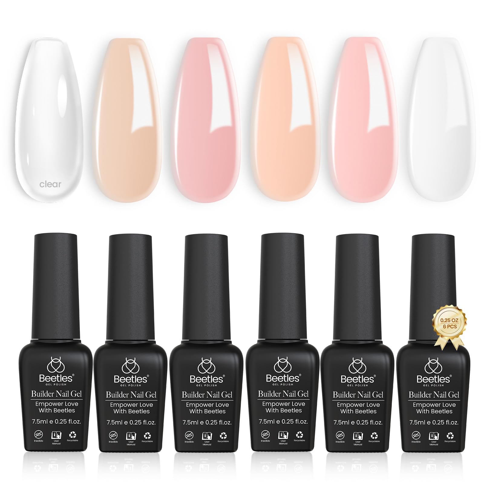 beetles Builder Gel 6 Colors 7 in 1 Strengthener Gel Clear Nude Pink Milky White Hard Gel Nail Extension Gel Rhinestone Gel Nail Glue Art Base Gel Needed