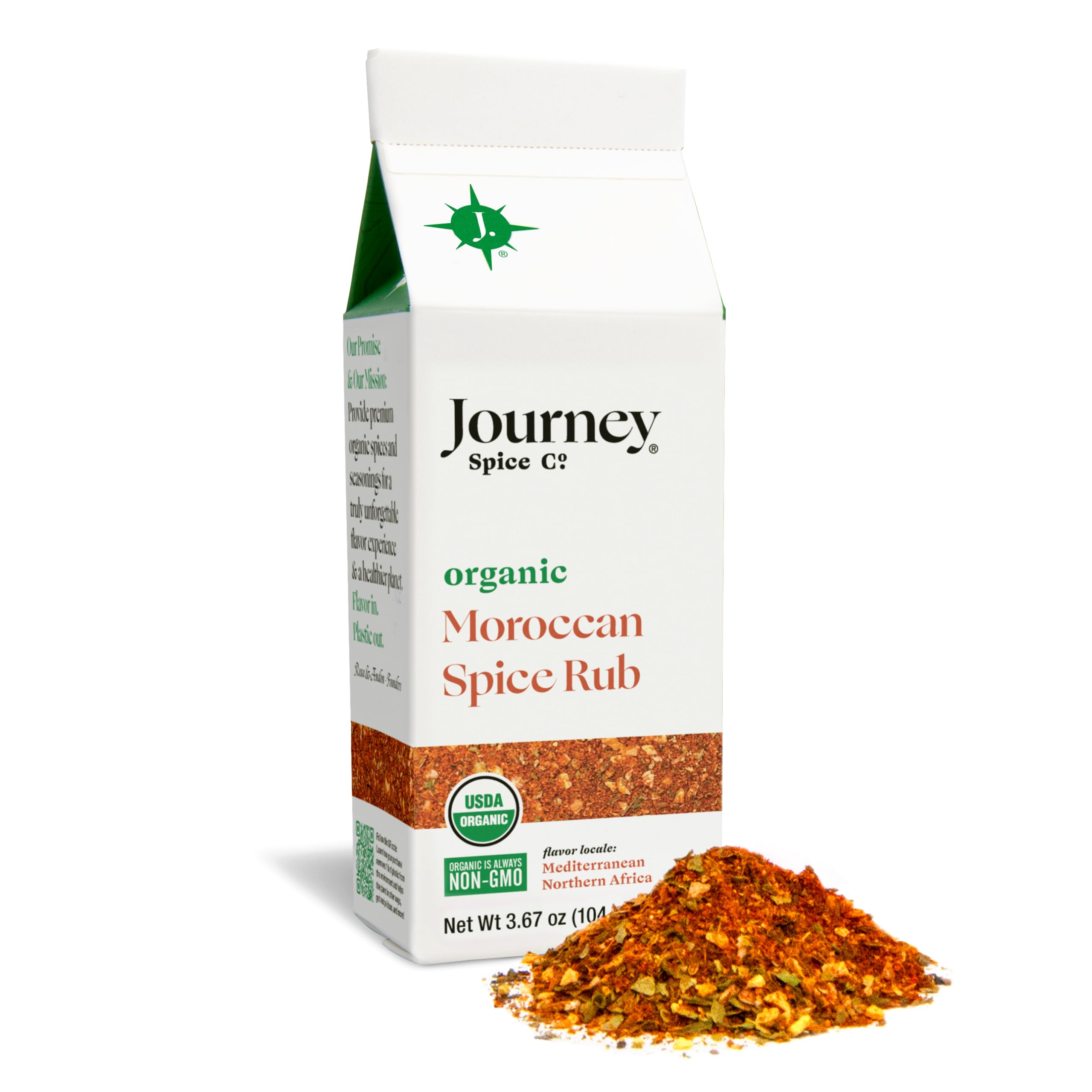 Organic Moroccan Spice Rub by Journey Spice Co. | Salt-Free, Sugar-Free, MSG-Free, Non-GMO | Natural Mediterranean Seasoning Blend | Chicken, Poultry,