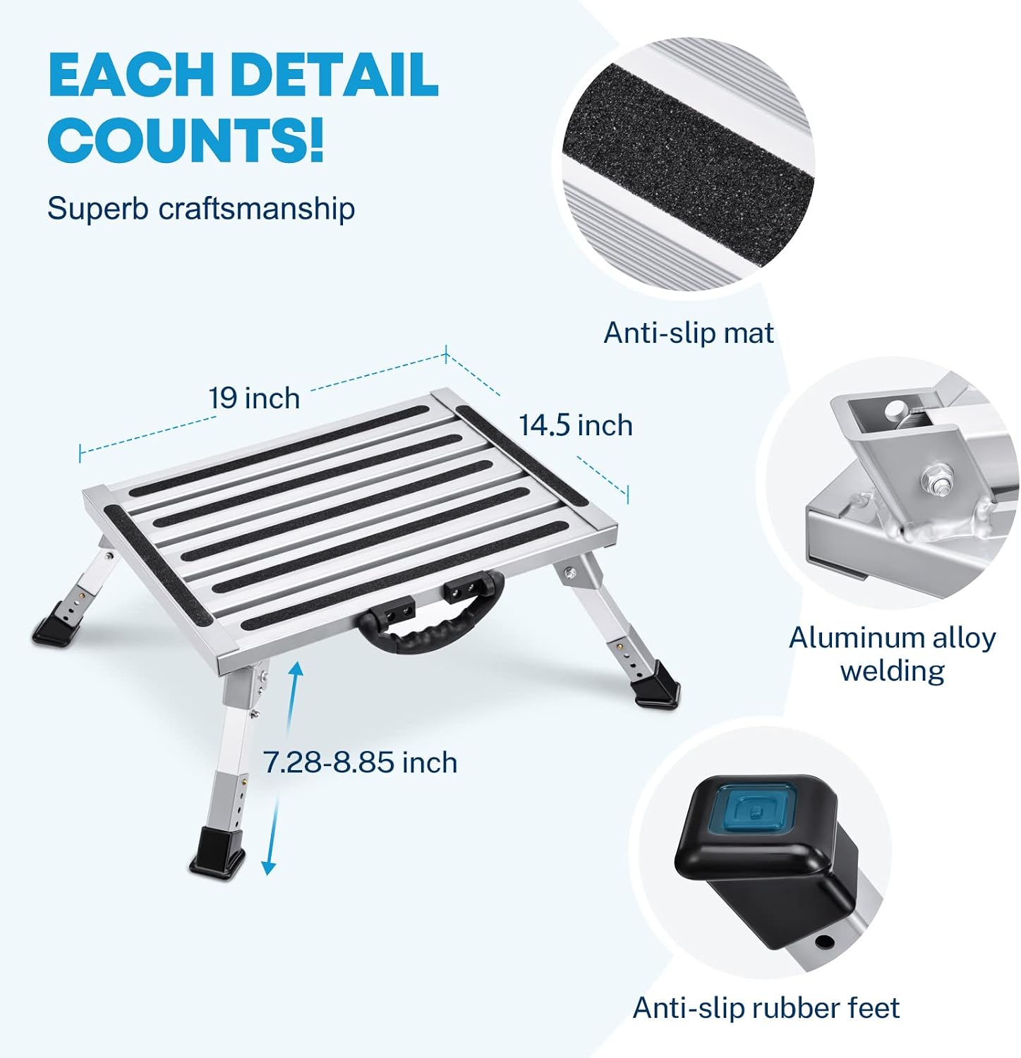 Kohree RV Step Stool, 19" x 14.5" Adjustable Height Extra Large Aluminum Folding Platform Step with Non-Slip Rubber Feet, Portable Handle, Stable RV T Level, Up to 1000 lbs