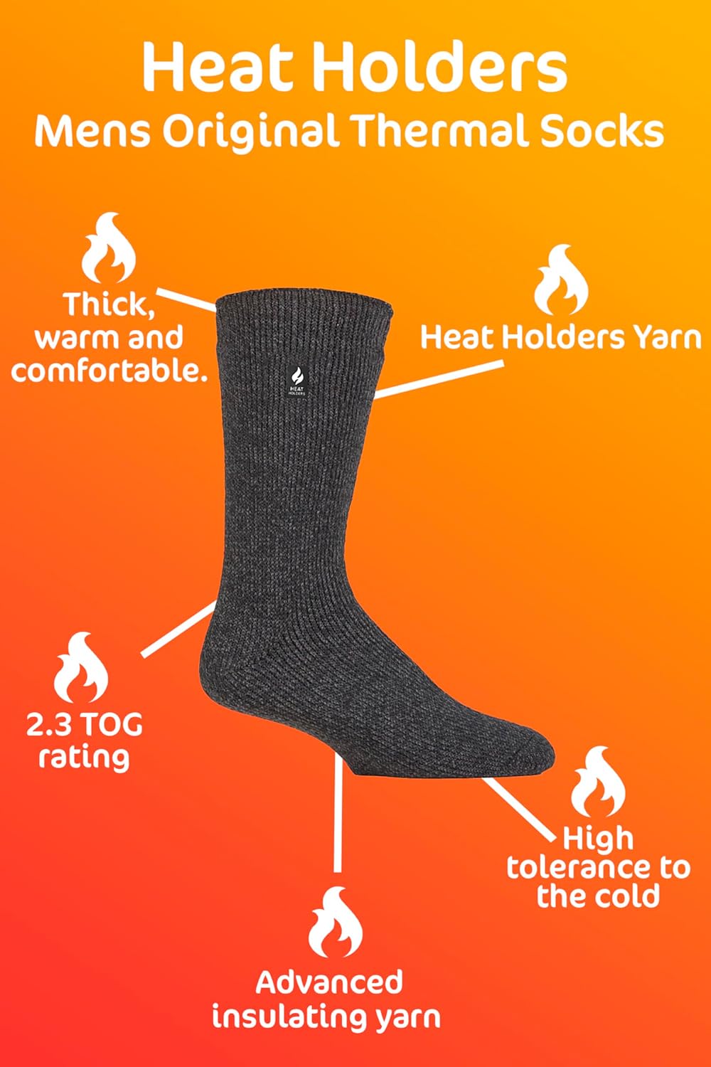 HEAT HOLDERS Men's No1 Thermal Socks Charcoal Grey BIGFOOT 13-15 Us