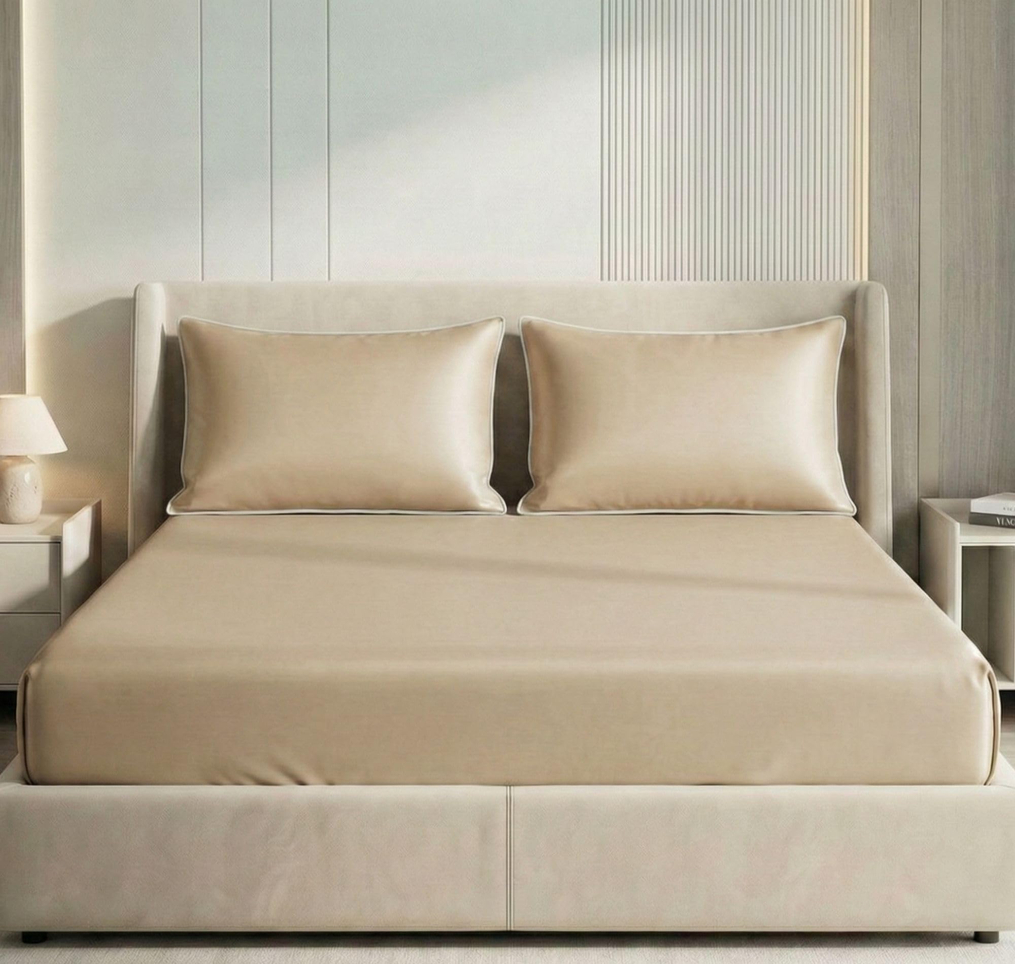 SANMARINO Luxury Satin 360° All-Round Fitted Plain King Bedsheet with 2 Pillow Cover –300 TC, Silky Soft, Deep Pocket Bed Sheet – Wrinkle-Resistant & Smooth Finish -Size(78X72+10 in)-Color-Beige-image-26