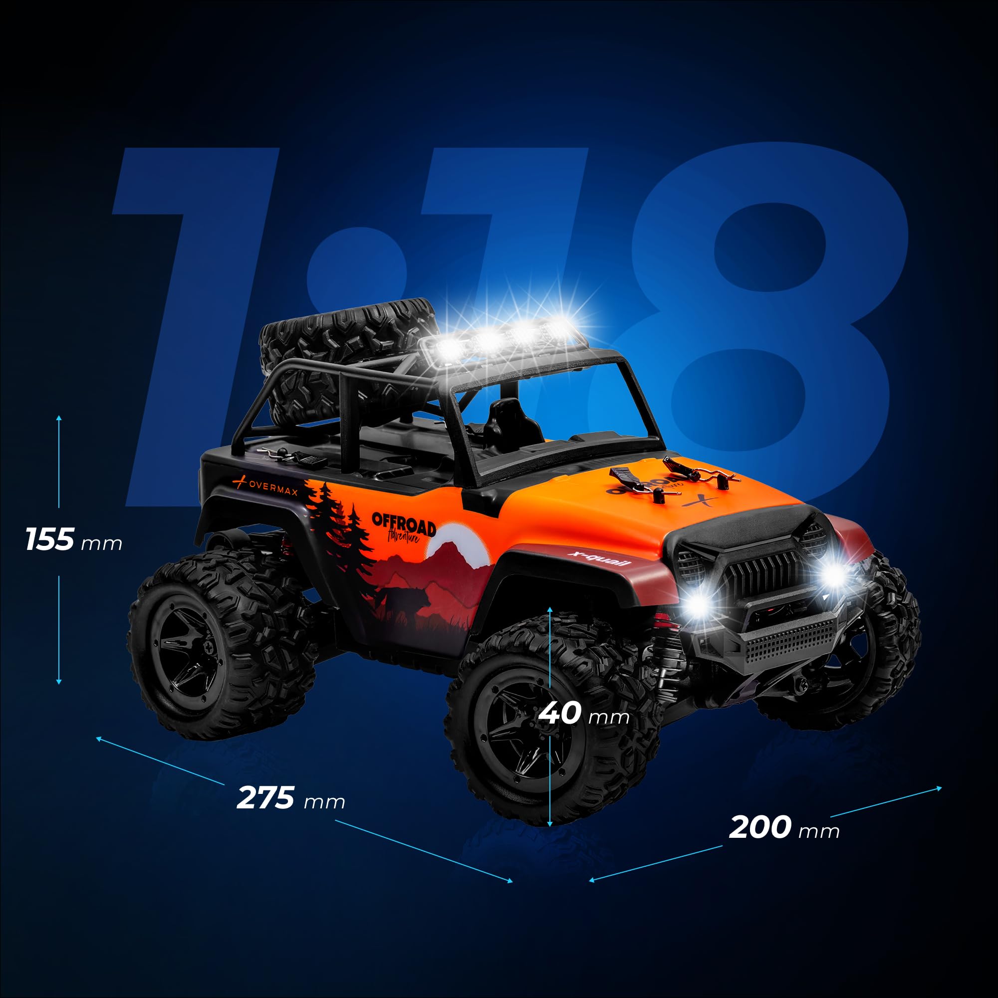 Lionelo Overmax X-Quail zdalnie sterowany samochód od 6 lat, RC Auto 4WD 1:18 do 25 km/h, Offroad Monster Truck z 2 akumulatorami, czas jazdy 40 min, LED, funkcja Wheelie, 2,4 GHz RC Crawler