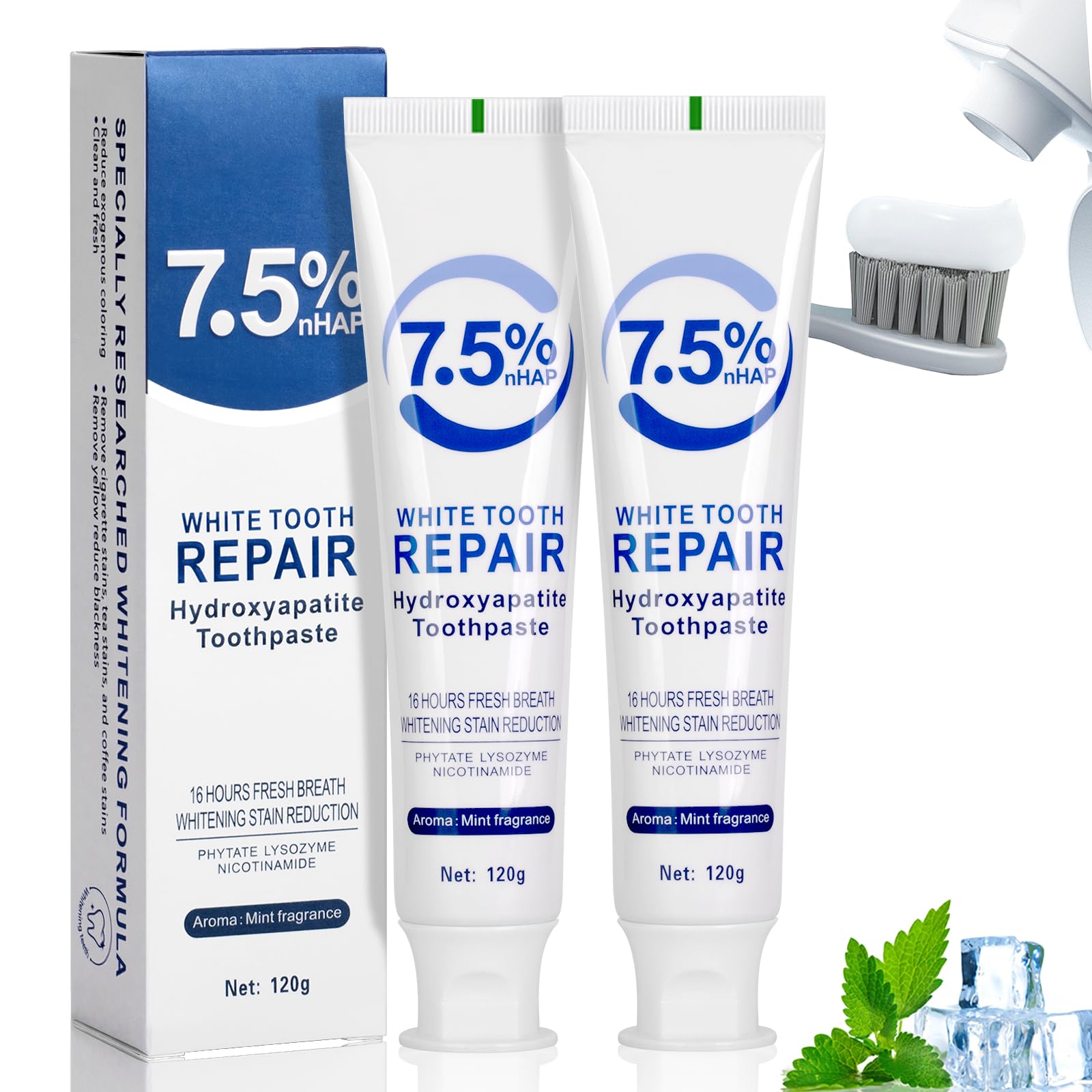 Hydroxyapatite Toothpaste, 7.5% Nano Hydroxyapatite White Tooth Repair Toothpaste, Protects Enamel and Freshens Breath, Fluoride-Free for Sensitive Teeth (2pcs, 4.23oz)