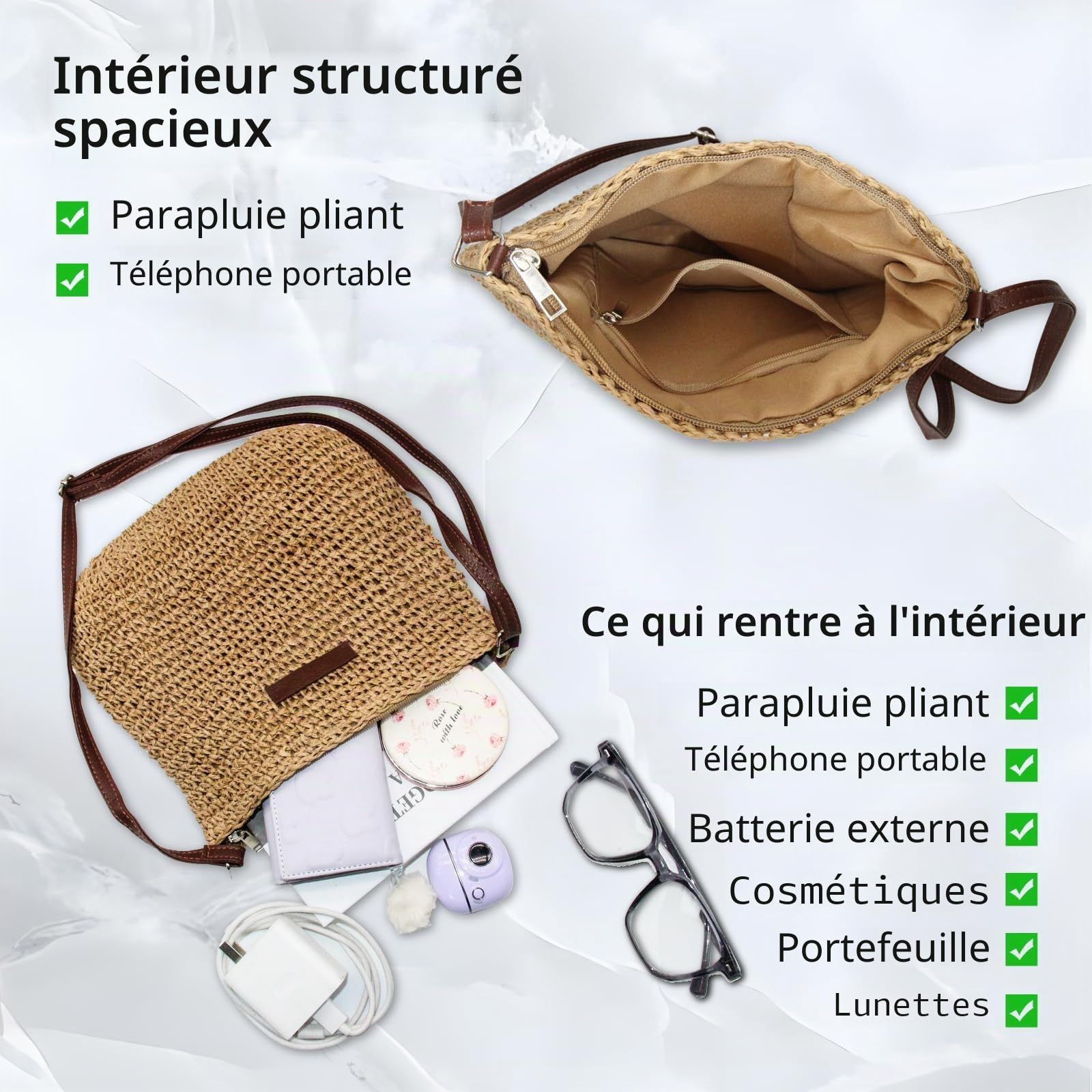 Petit sac de paille pour femme, sac à bandoulière d'été avec fermeture éclair et sangle réglable, tissage bohème fait à la main pour les vacances, la plage, les voyages
