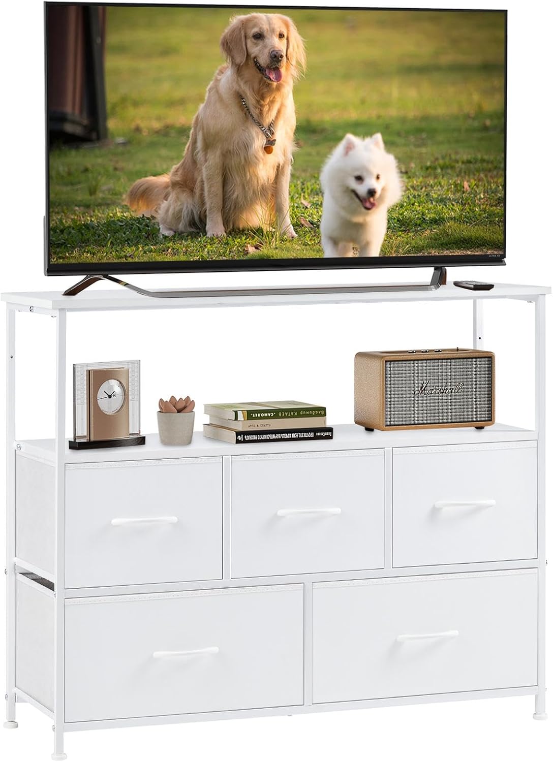 DUMOS TV Stand Dresser with 5 Fabric Storage Drawers, Media Console Featuring Open Shelf for 45 inch TV, Compact Entertainment Unit for Bedroom, Living Space, or Dorm Organization, White