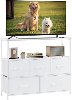 12 TV Stands Ideas for Living Room for Clean Organized Viewing 114 DUMOS TV Stand Dresser with 5 Fabric Storage Drawers, Media Console Feat...