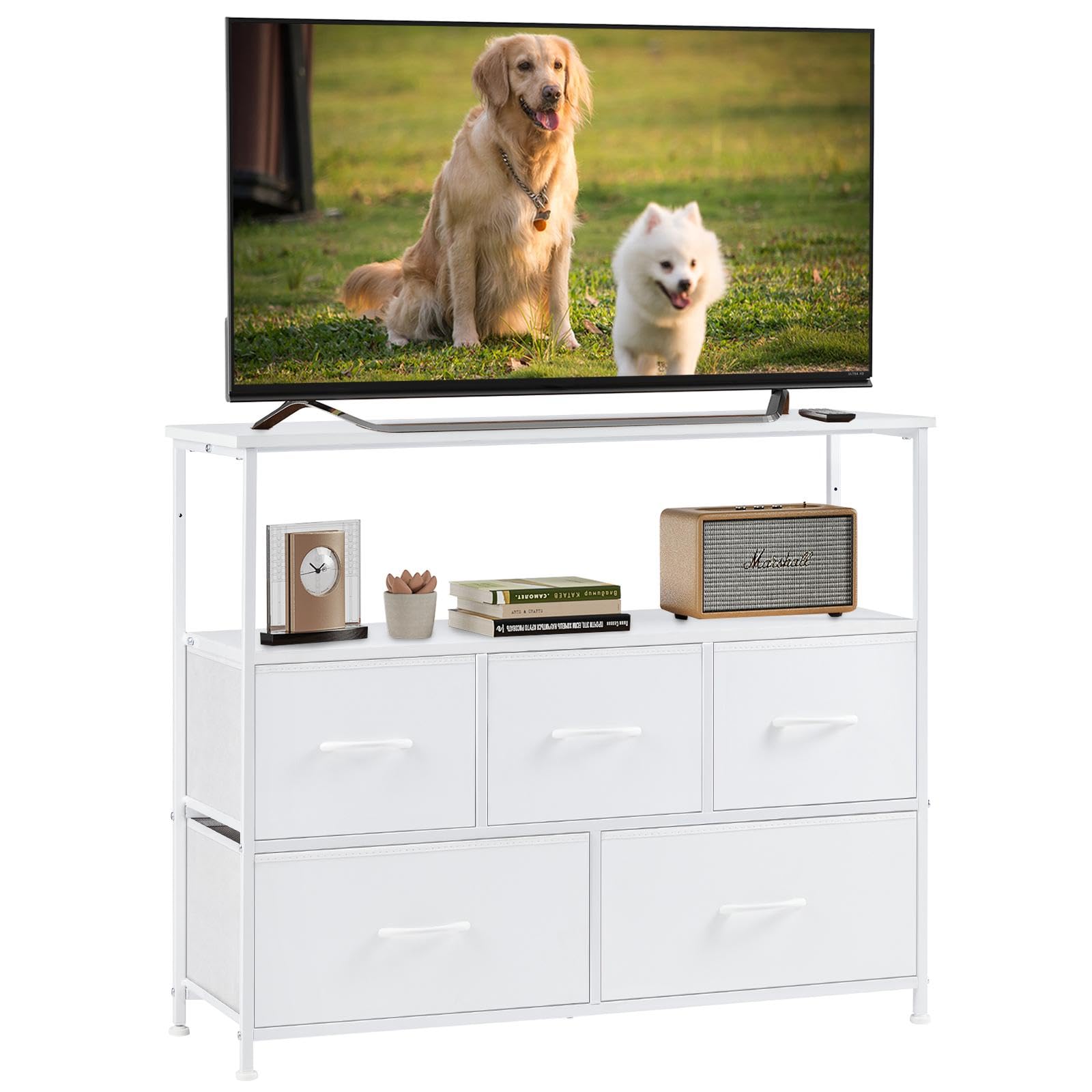 DUMOS TV Stand Dresser with 5 Fabric Storage Drawers, Media Console Featuring Open Shelf for 45 inch TV, Compact Entertainment Unit for Bedroom, Living Space, or Dorm Organization, White