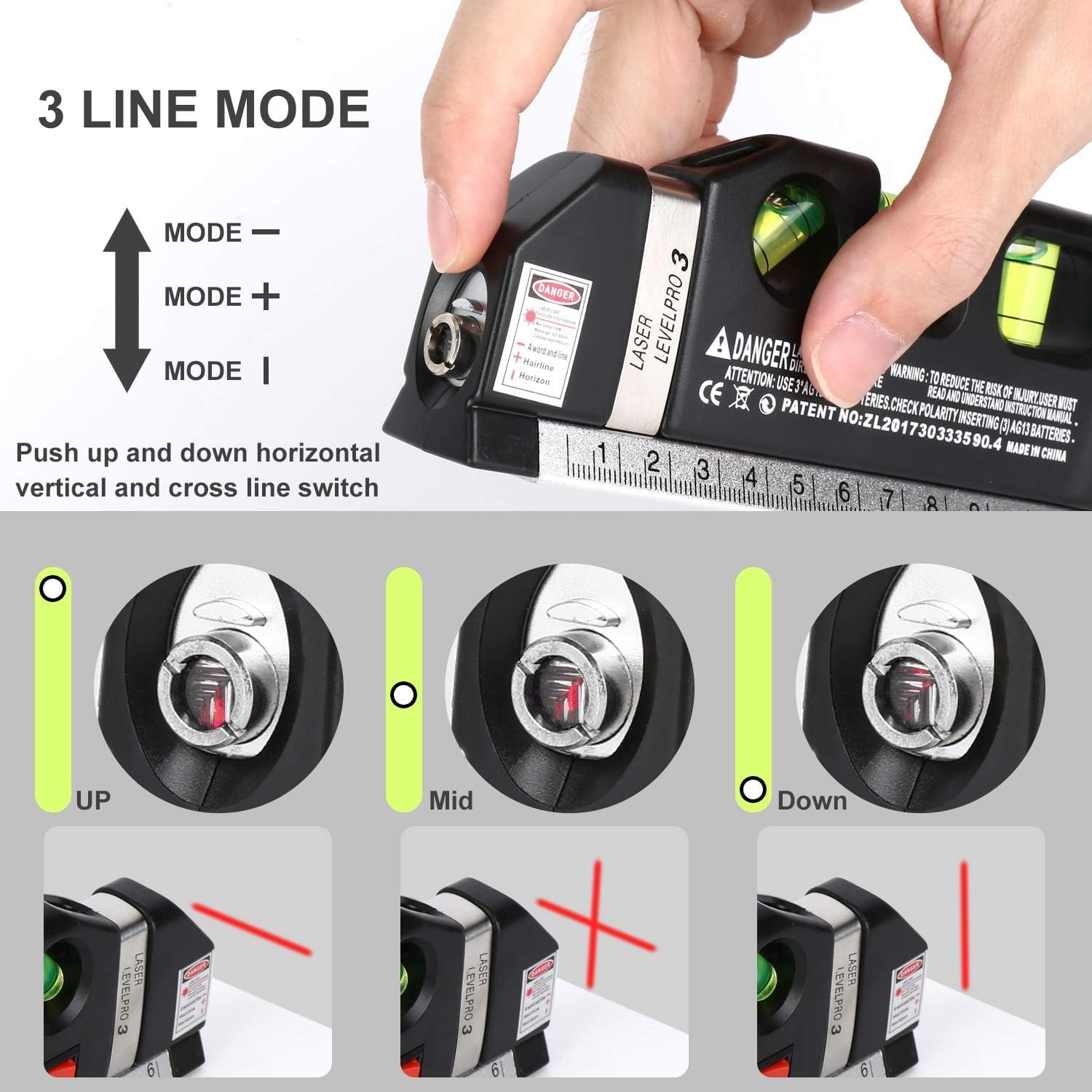Corceptive Laser Level Pro 3 with Measuring Tape 8FT (2.5m) | Multi-Function Laser Level Tool with Horizontal & Vertical Alignment, Built-in Ruler, Bubble Level (lesar leval patti) 1