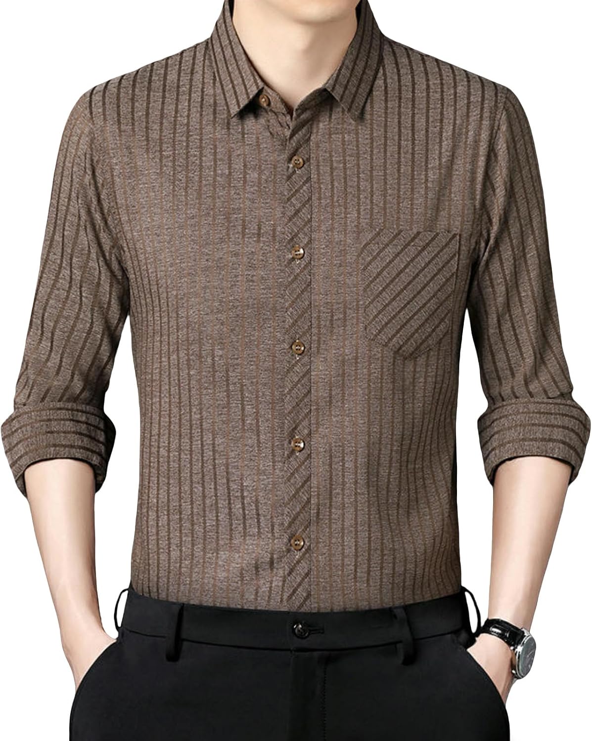 Men's Spring Mulberry-Silk Striped Lapel Loose Long Sleeve Shirt