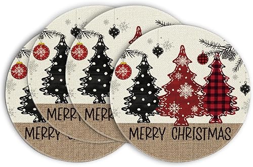 Artoid Mode Juego de 4 manteles individuales redondos con diseño de árbol de Navidad, copos de nieve, de Navidad, de 14 pulgadas, para decoración de