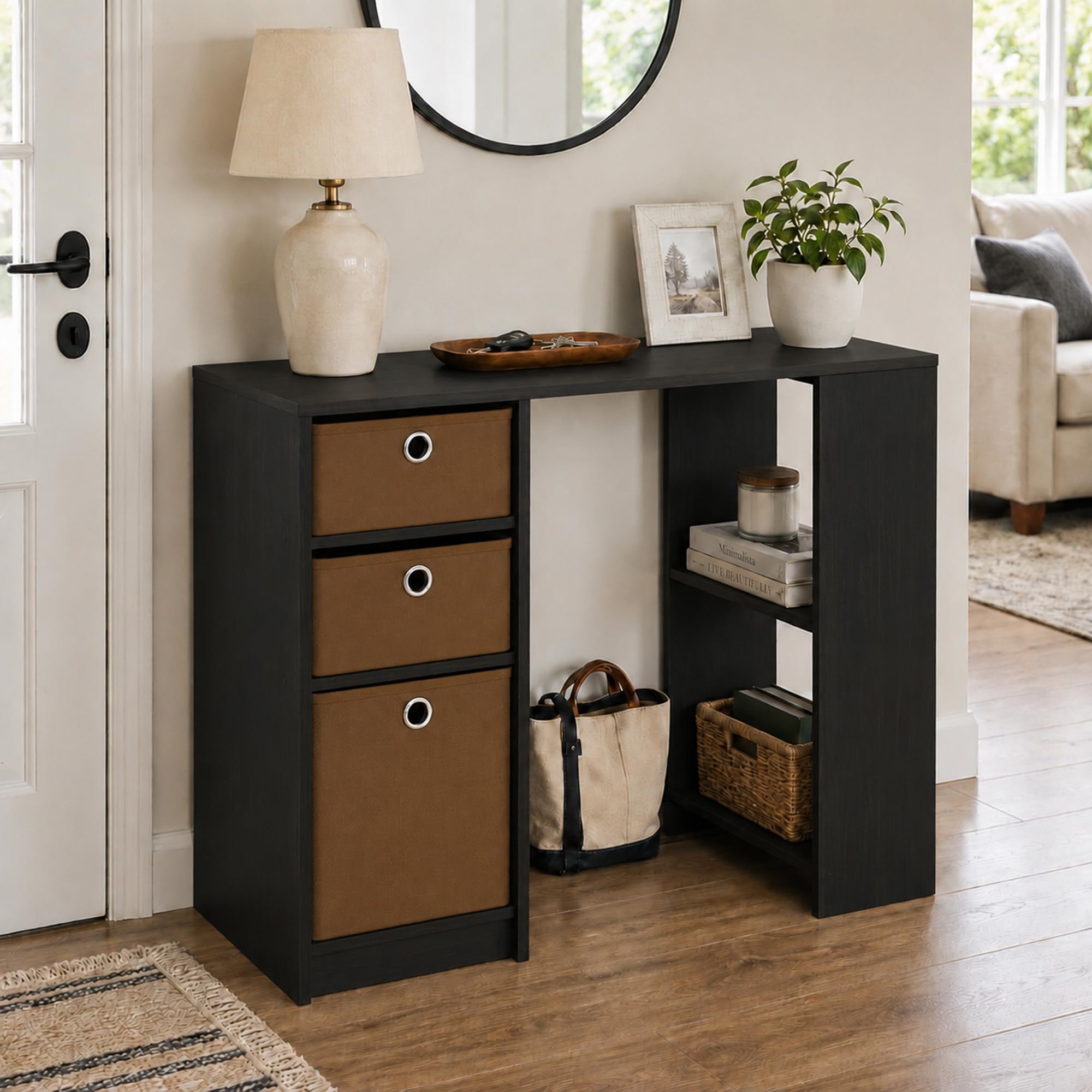 Furinno JAYA 101.6 cm Black Entryway Table with 3 Fabric Drawers, Console Table with Open Shelves, Behind Sofa Couch Tables, for Living Room, Entryway, Hallway, Espresso