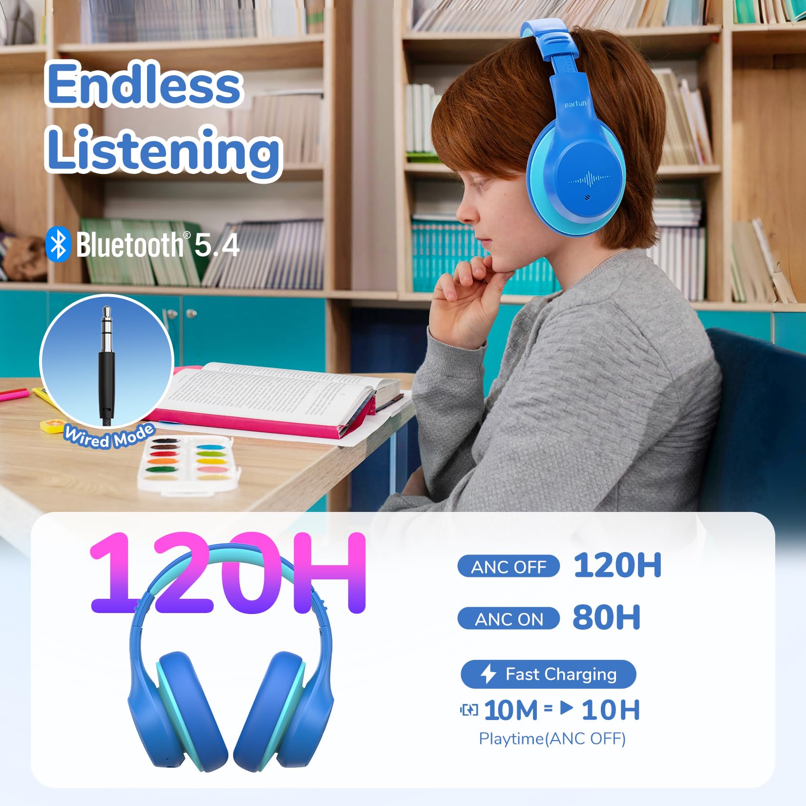 EarFun Auriculares Niños Bluetooth con Micro, Réduction Active Bruit,Azul