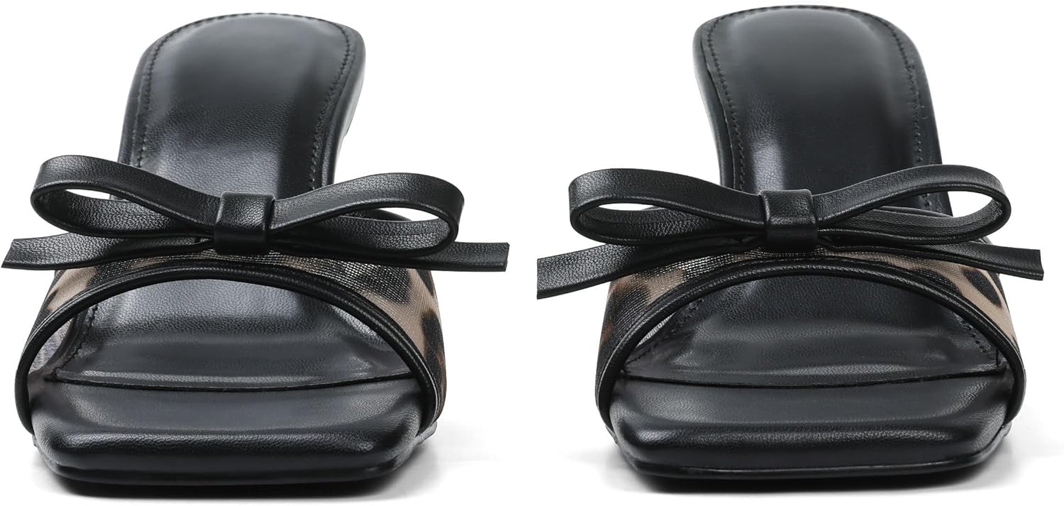 Womens Heeled Sandals Open Square Toe Kitten Heels Sandals Slip On Bow Mesh Mules Heels Comfortable Dress Shoes for Party Wedding - Image 7