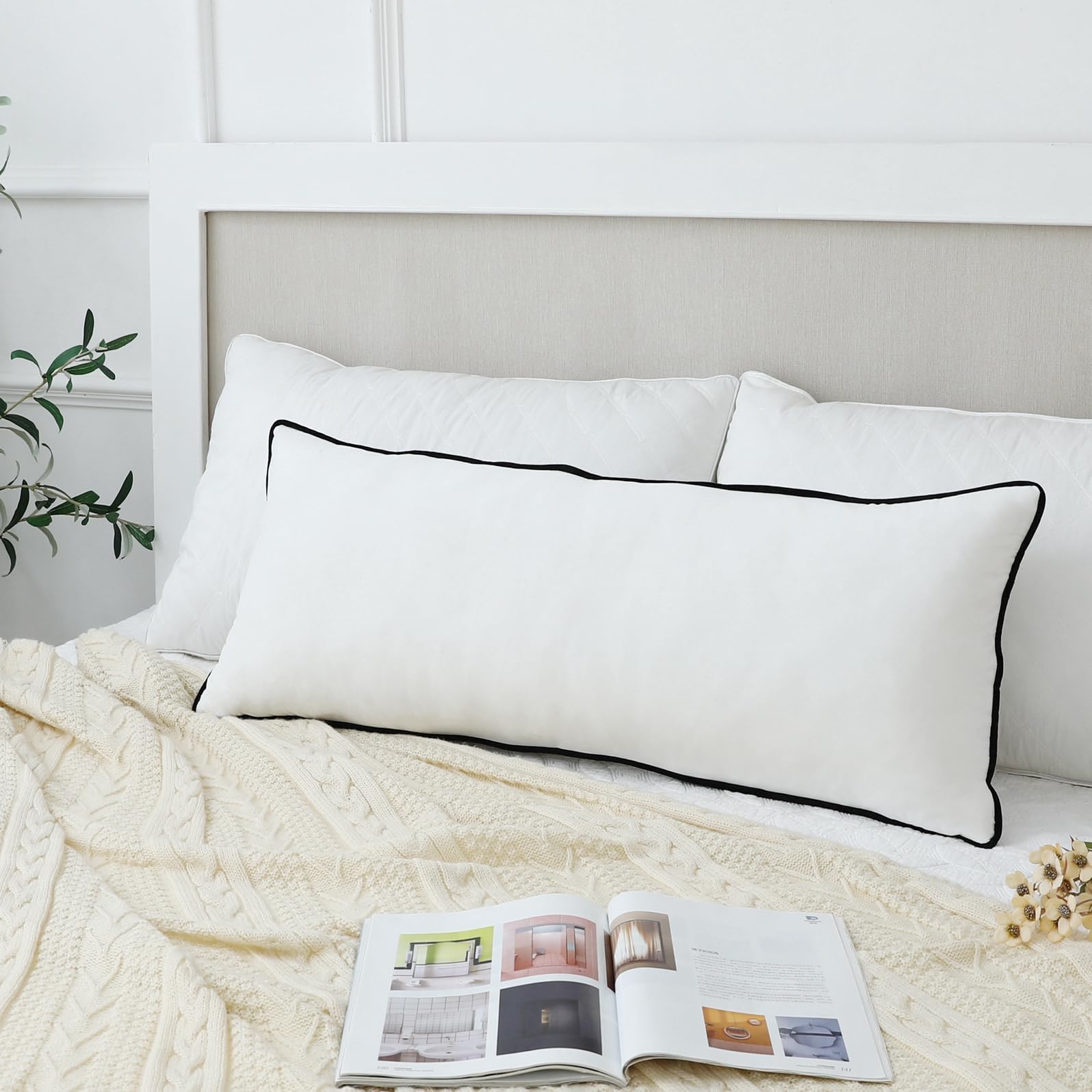 LIGICKY Long Lumbar Pillow Cover 14x36 inch White Velvet Black Rope Edging Throw Pillow Covers Decorative Rectangular Body Pillow Case Accent Textured