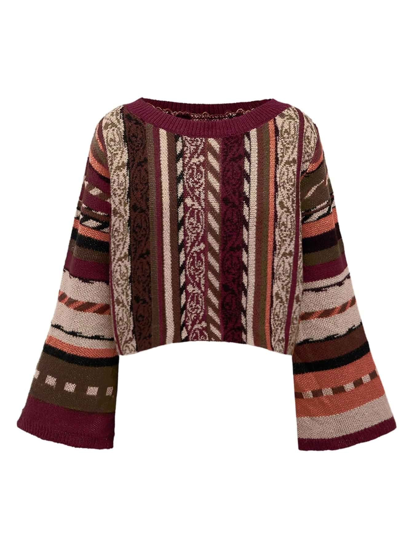 MakeMeChic Women's Boho Striped Crop Sweaters | Knit Tops, Fall, Casual, Going Out, Bell Sleeve Sweaters