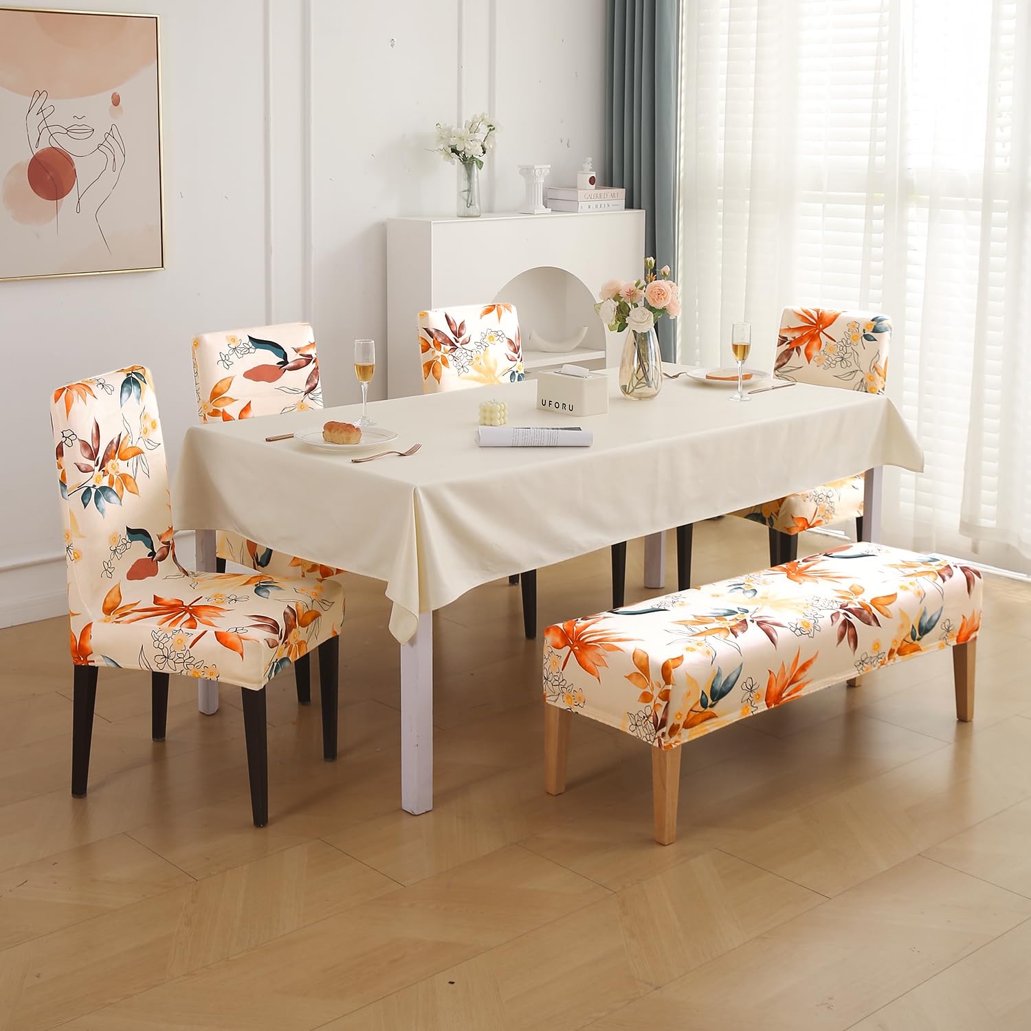 HOKIPO Premium Velvet Cover Set for 4 Dining Chairs + 1 Dining Bench, Amber Serene Flora (AR-5799-D3)-image-16