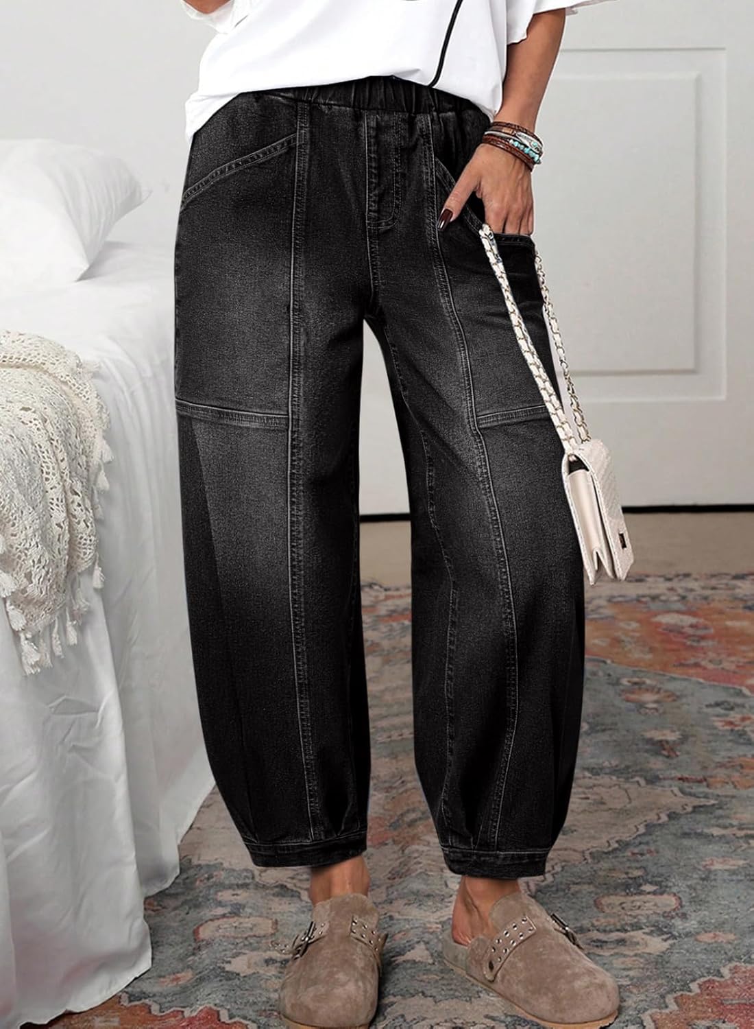 Sidefeel Barrel Jeans for Women Trendy Wide Leg High Waisted Cropped Baggy Relax Fit Stretch Pocketed Denim Ankle Pants - Image 2