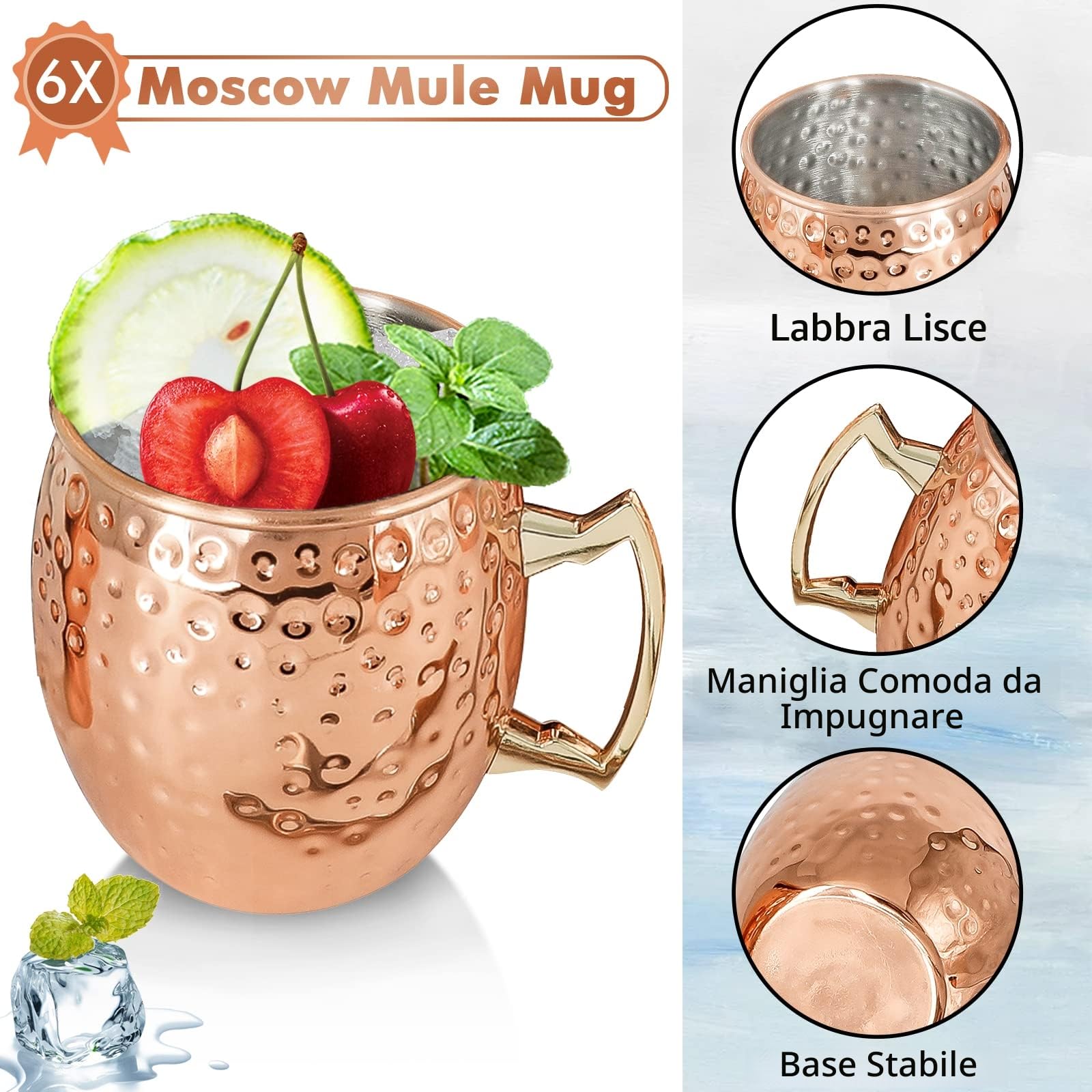 SuproBarware Set regalo Moscow Mule Tazze in rame 540 ml set di 6 acciaio inossidabile placcato rame fatte a mano con manico