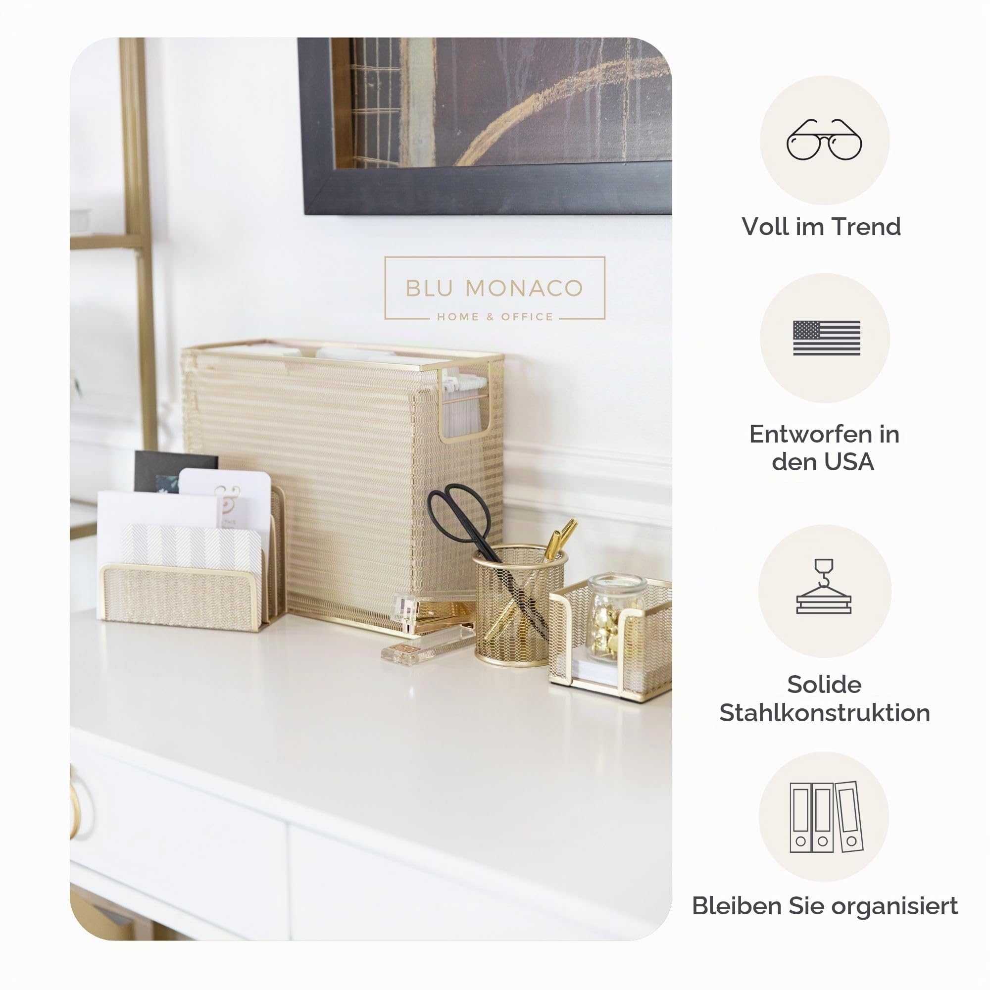 Blu Monaco 5-teiliges niedliches Bürobedarf-Gold-Schreibtisch-Organizer-Set - Zeitschriftenhalter, Stiftschale, Haftnotizenhalter, Briefsortierer - Gold-Schreibtisch-Zubehör