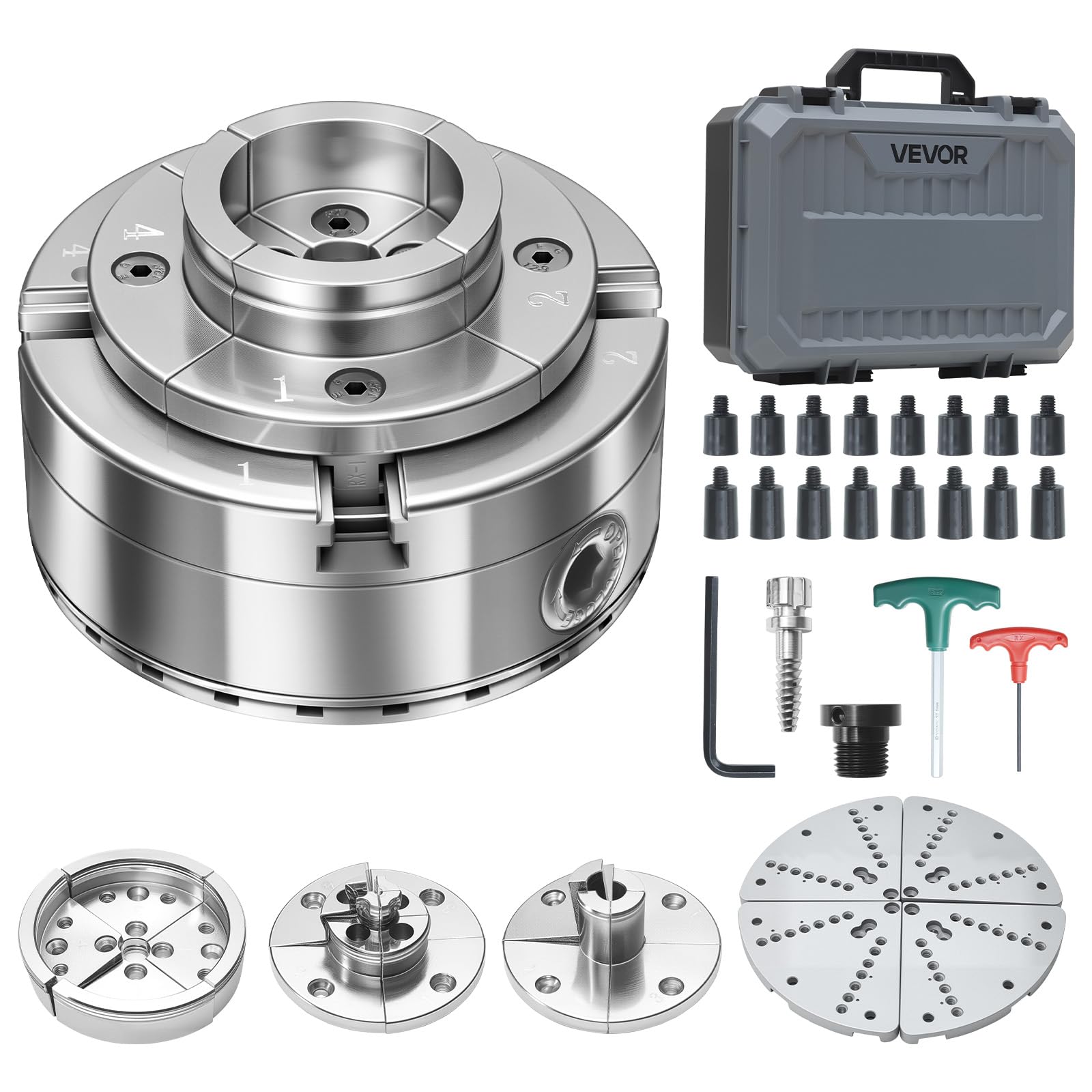 VEVOR Mandrino per Tornio per Legno, Mandrino Autocentrante a 4 Griffe da 102 mm per Tornitura del Legno con Adattatore da 1 pollice x 8 TPI, 5 Griffe, Valigetta per Trasporto, Set di Mandrini