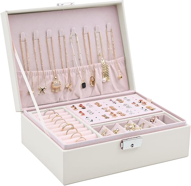 Januts Jewellery Box Organiser Jewelry Storage Case for Women Girls PU Leather 2 Layers Large Jewellery Case for Rings Earrings Necklaces Bracelets Jewellery Boxes Holder with Removable Tray, White