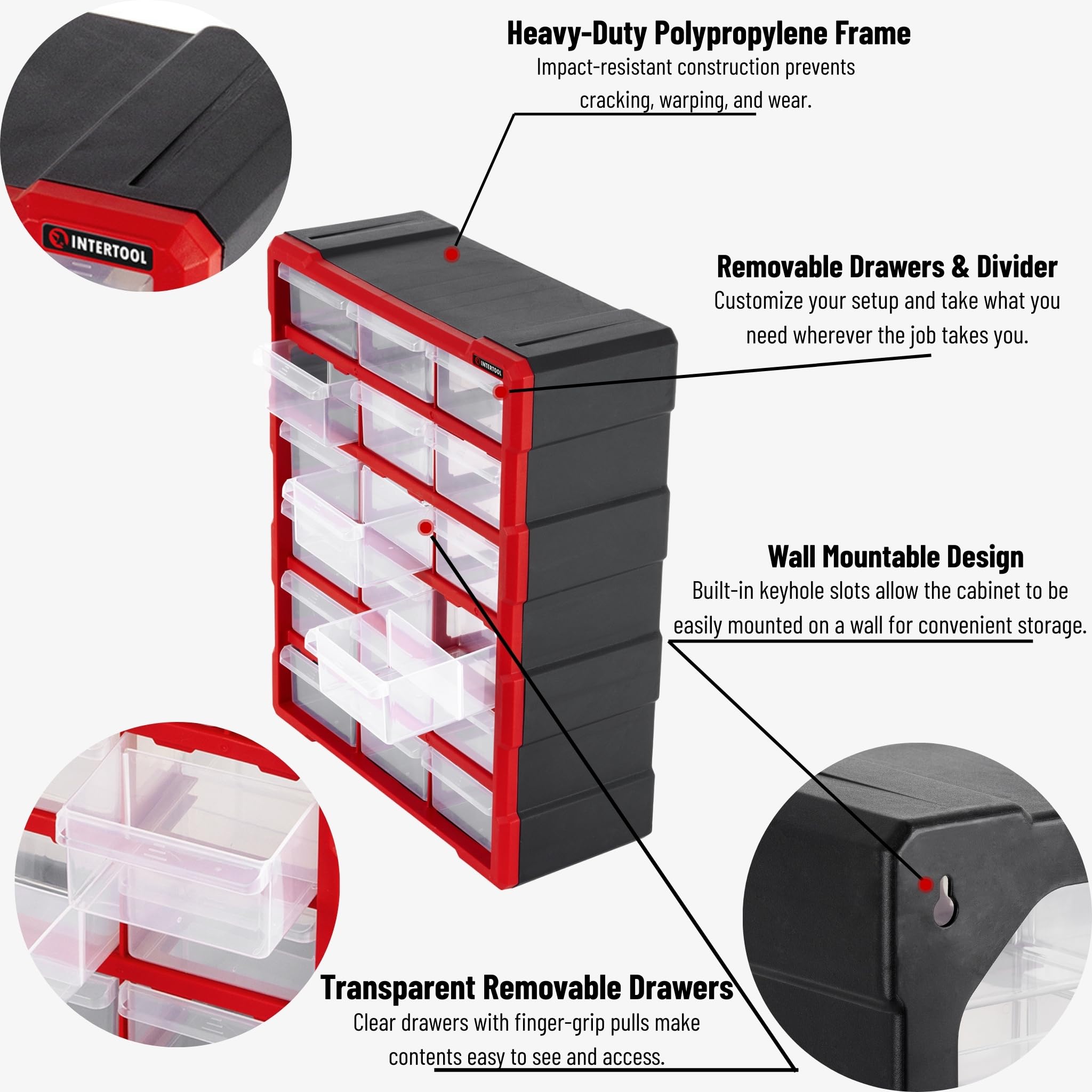 INTERTOOL Kleinteile-Organizer für Hardware und Schrauben, 18 herausnehmbare Behälter mit Trennwänden, Wandhalterung oder Schreibtisch-Bastel- und Lego-Aufbewahrungsschrank, 48,3 x 38,1 x 17,8 cm