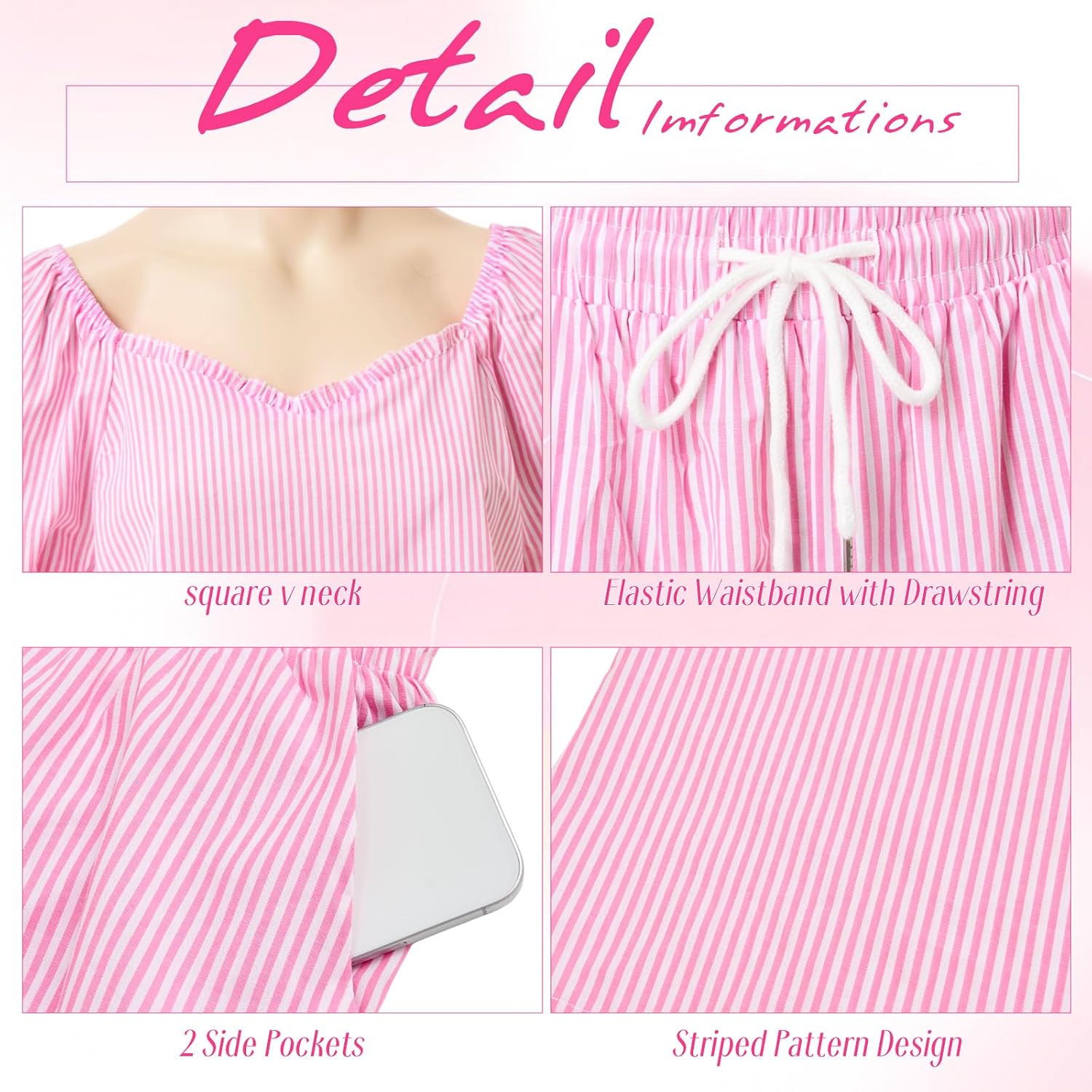 Capoda Women Summer 2 Piece Outfit Cotton Striped Square V-Neck Lantern Sleeves Top High Waist Shorts for Women