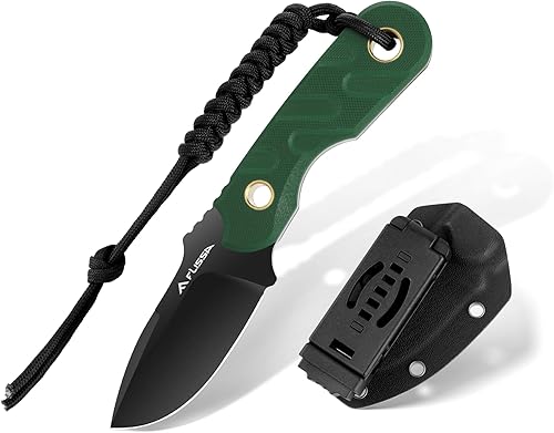 FLISSA Cuchillo de hoja fija, cuchillo de caza de espiga completa de 7 pulgadas con funda Kydex y cuerda de emergencia, cuchillo táctico con mango
