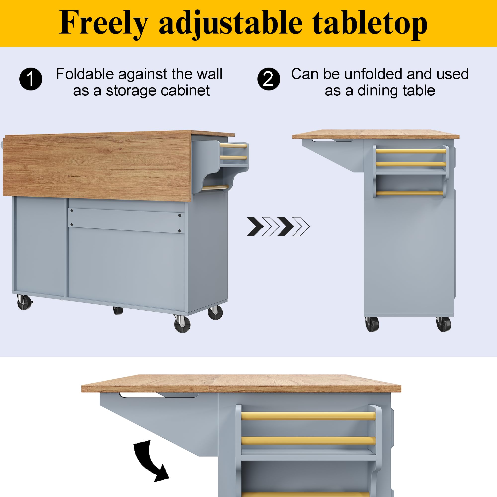 TIZZ Isola da cucina, 110 x 45 x 75 x 92 cm, moderna credenza da cucina, carrello da portata rimovibile, stile vintage, tavolo da pranzo multifunzione con spazio di archiviazione, blu